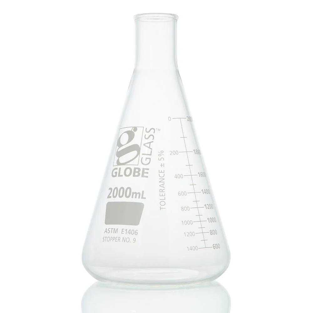 Flask, Erlenmeyer, Globe Glass, 2000mL, Heavy Duty, Narrow Mouth, Dual Graduations, ASTM E1406, 1/Box