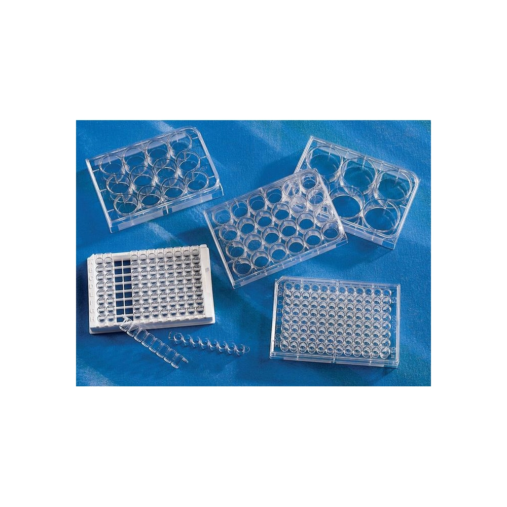 Corning 96 Well (1 x 8 Stripwell) Clear Flat Bottom Polystyrene TC-Treated Microplates, Individually Wrapped, with Lid, Sterile