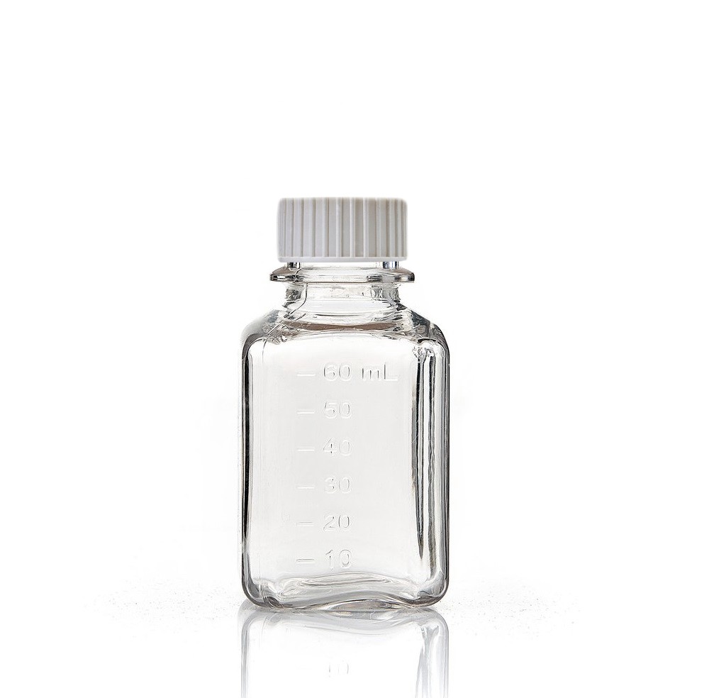 EZBio® 60 mL PC Media Bottles, Sterile, Autoclavable Square Storage Bottles with 24-415 mm White Closed Cap Closures, 24/PK