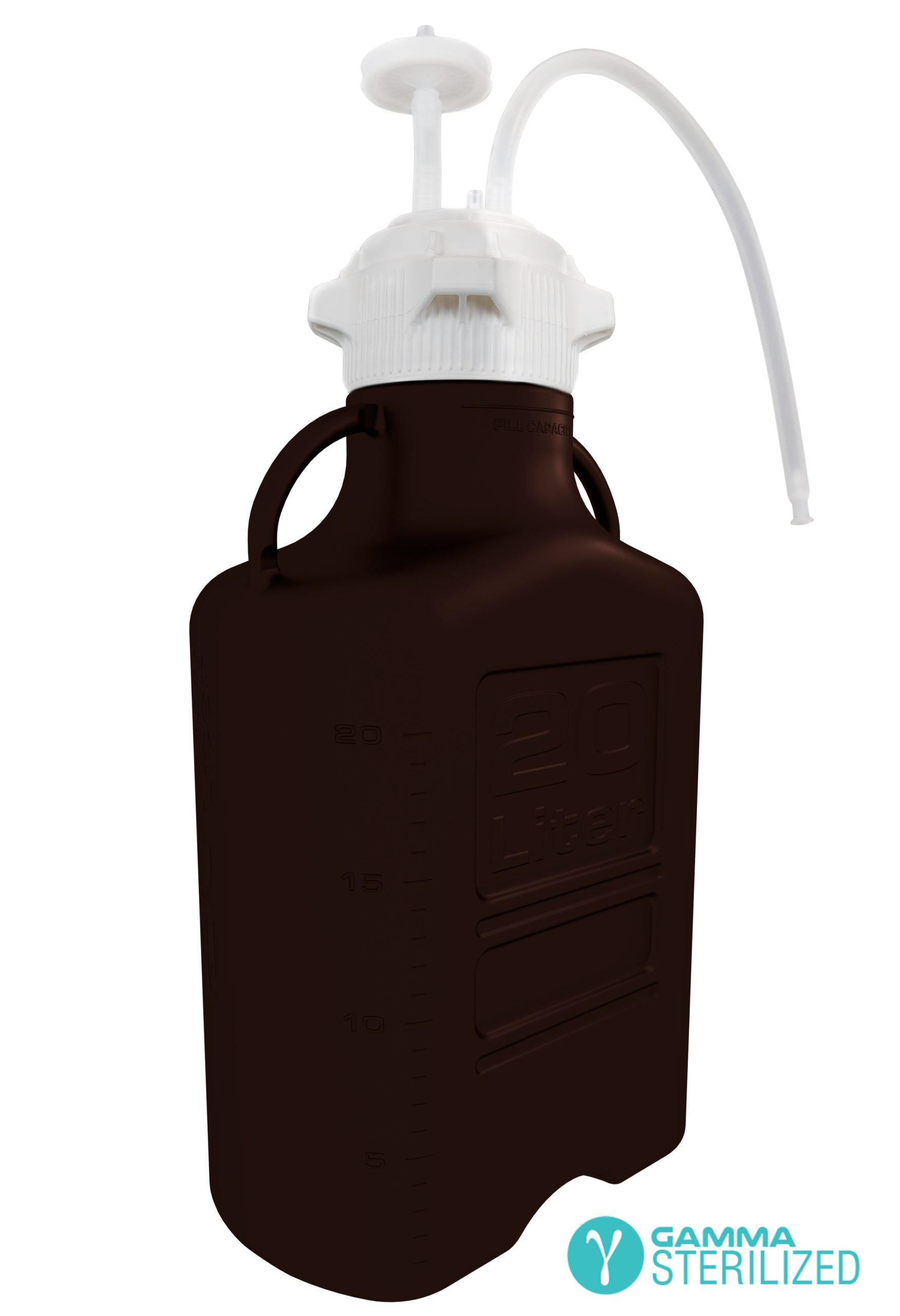 EZBio® Single Use Carboy Assembly, 20 L (5 Gal) Gamma Sterilized Light Blocking Amber HDPE Carboy for Aseptic Transfer and Sterile Storage with VersaCap 120 mm, Vent and 1/4 in ID TPE Dip Tube, 1/EA