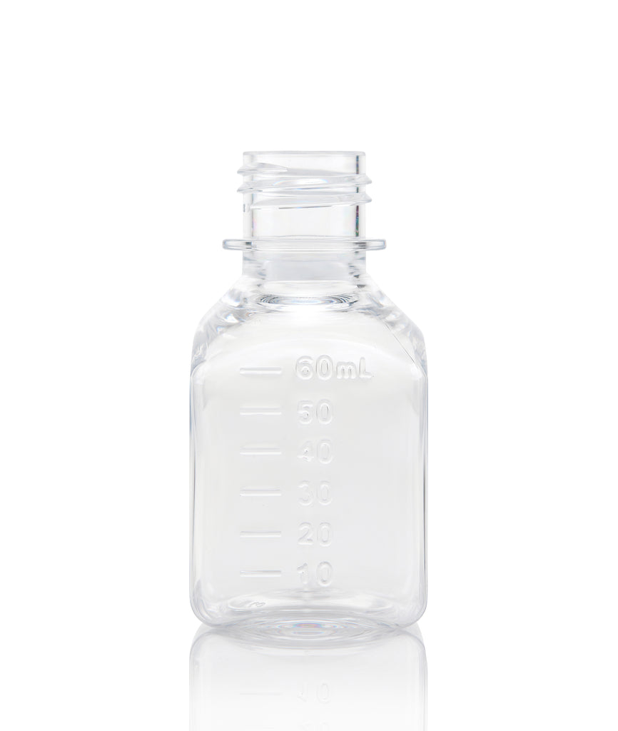 EZBio® Titanium Square, Polyethylene Terephthalate Glycol (PETG) Media Bottles, Non-Sterile Storage Bottles, 24-415mm Neck, 60mL, No Cap, 192/CS