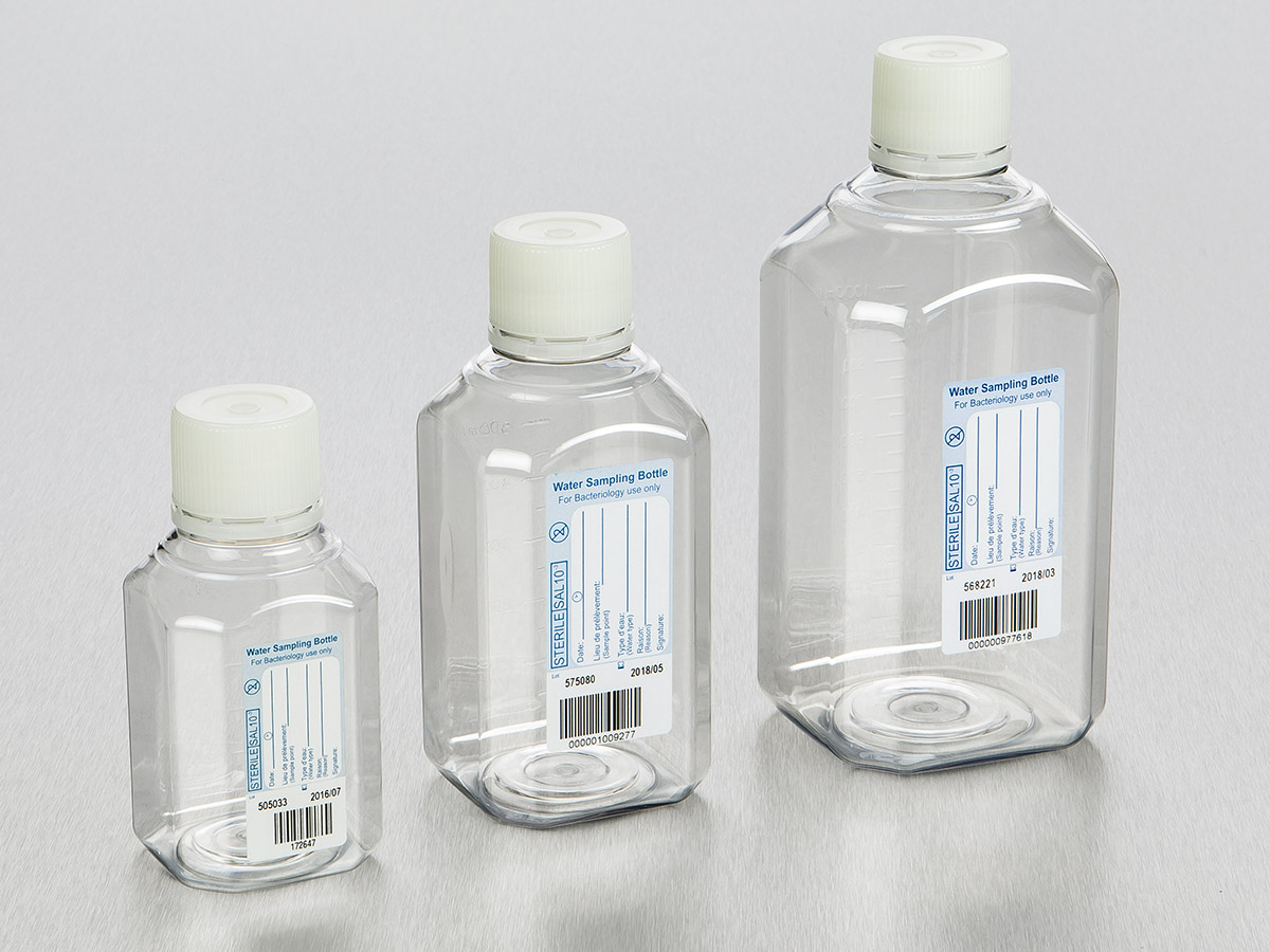 Water Sampling Octagonal PET Bottle, 125 mL, Graduated, 160 mg/L Sodium Thiosulfate, 31 mm Tamper-evident Cap, Sterile, 24/Pack, 336/Case