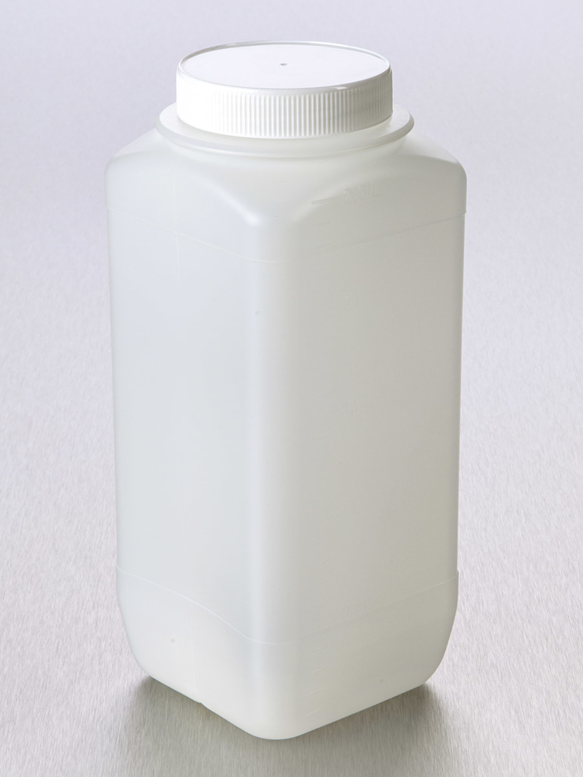 Square HDPE Bottle, 2.5 L, Graduated, 77 mm White Cap with Wad, Assembled, Sterile, 1/Bag, 35/Case