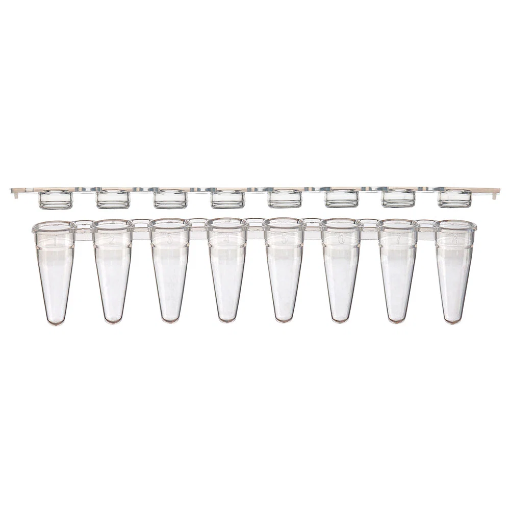 01FW 0.1mL 8-Strip Tubes, Low Profile, with Separate 8-Strip Clear Flat Caps, White - cs-1250
