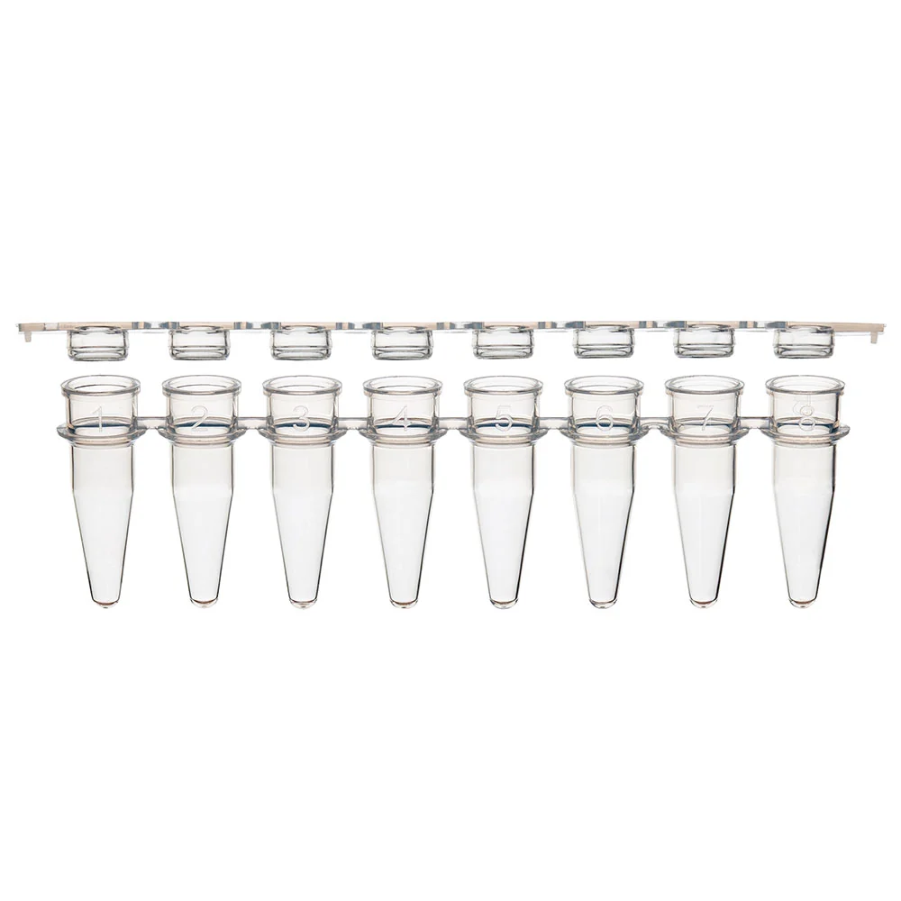 02F 0.2mL 8-Strip Tubes, with Separate 8-Strip Clear Flat Caps, Natural, cs-1250