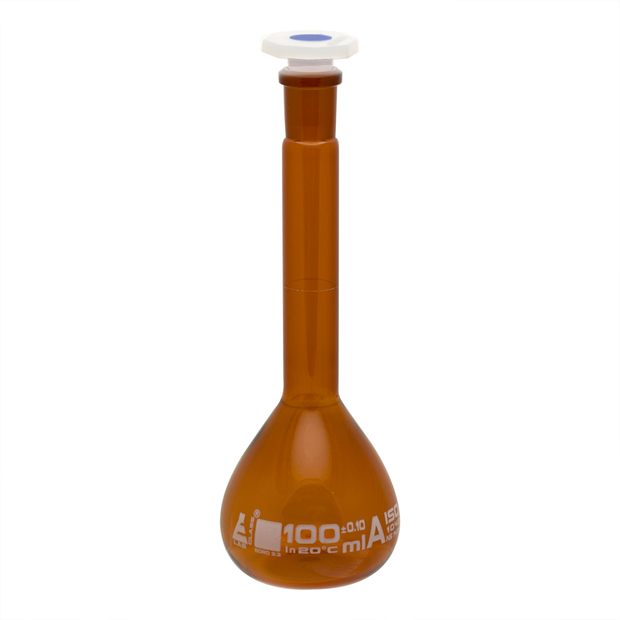 Volumetric Flask, 100ml - Class A - 14/23 Polypropylene Stopper, Borosilicate Glass, Amber - White Graduation Mark, Tolerance ±0.100 ml