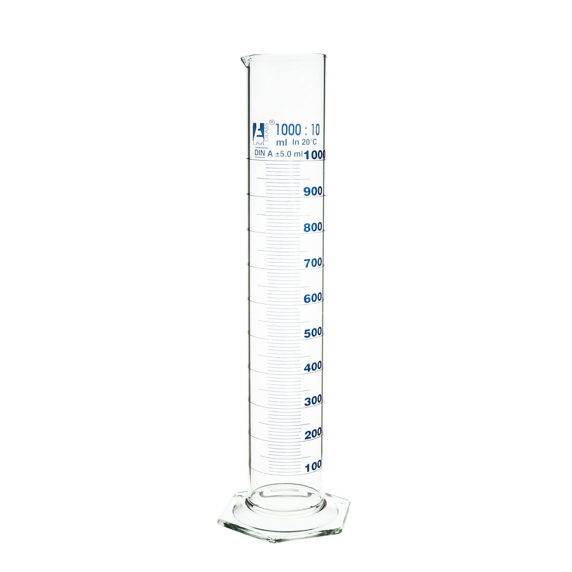 Graduated Cylinder, 1000ml - Class A Tolerance ±5.00ml - Hexagonal Base - Blue Graduations - Borosilicate 3.3 Glass