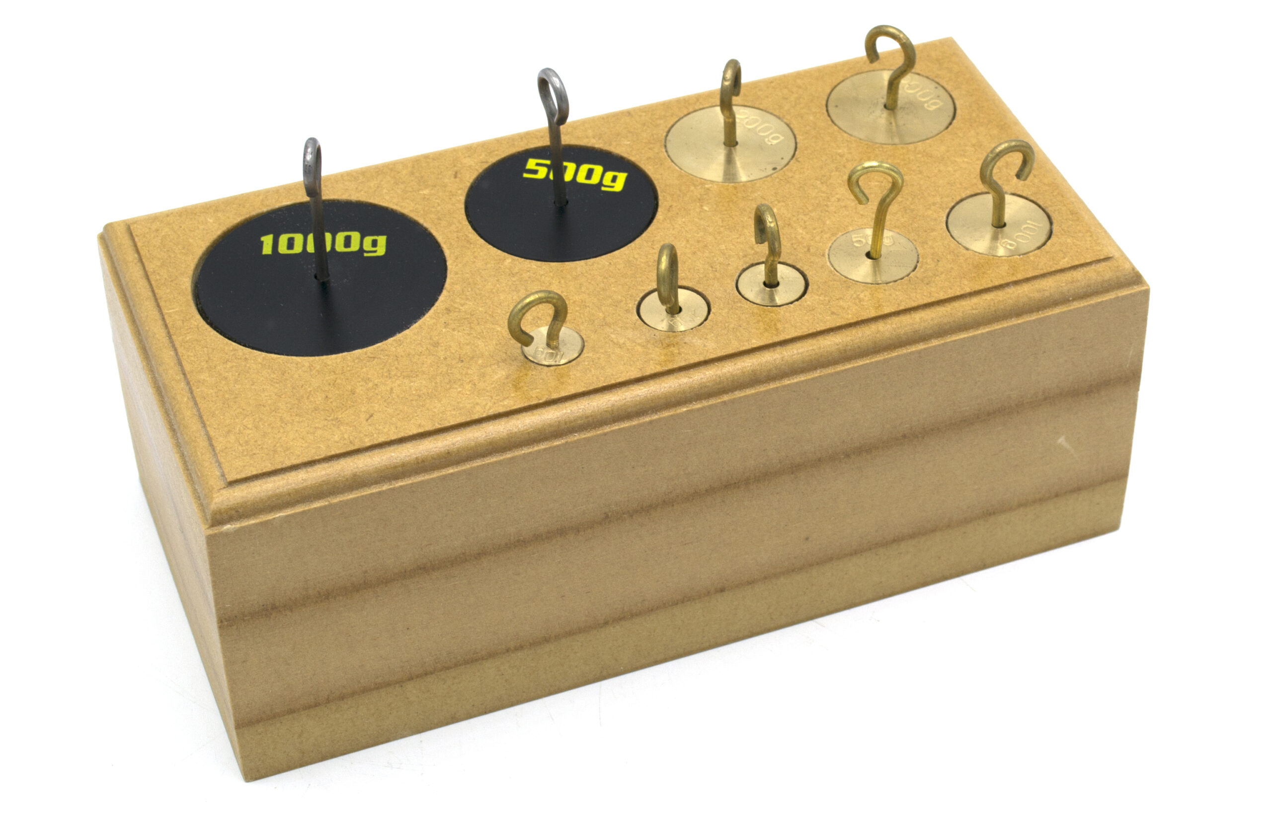 Set of 9 Brass Hooked Weights - 10-1000g in Wooden Block