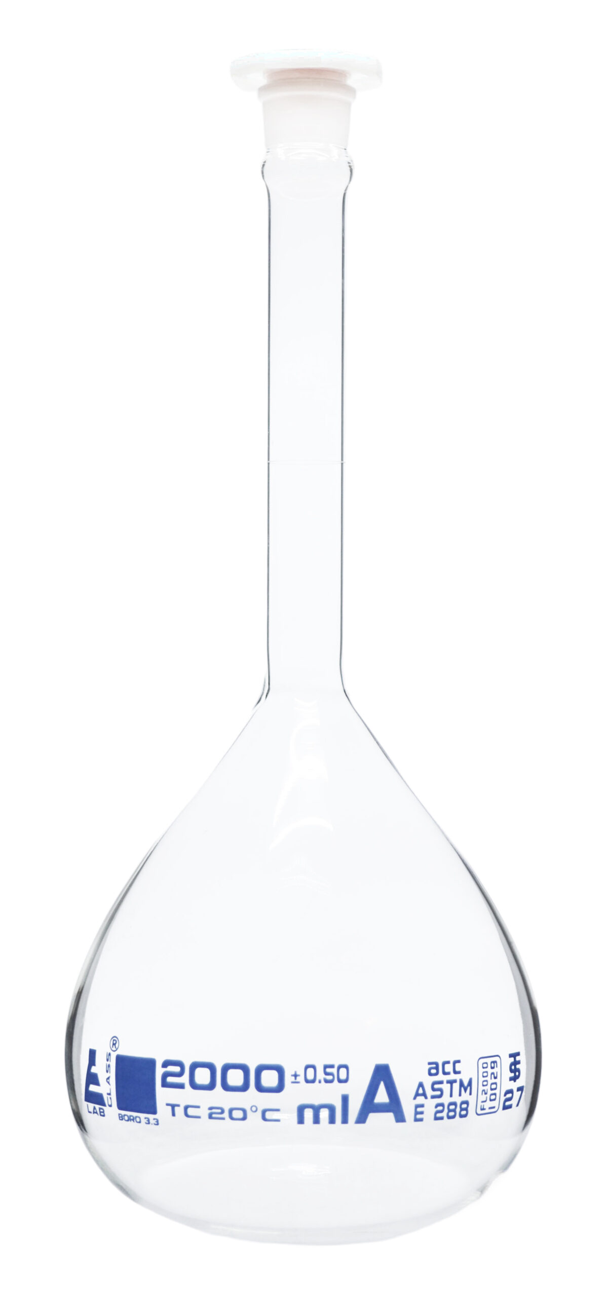 Volumetric Flask, 2000ml - ASTM, Class A - Polypropylene Stopper - Borosilicate 3.3 Glass