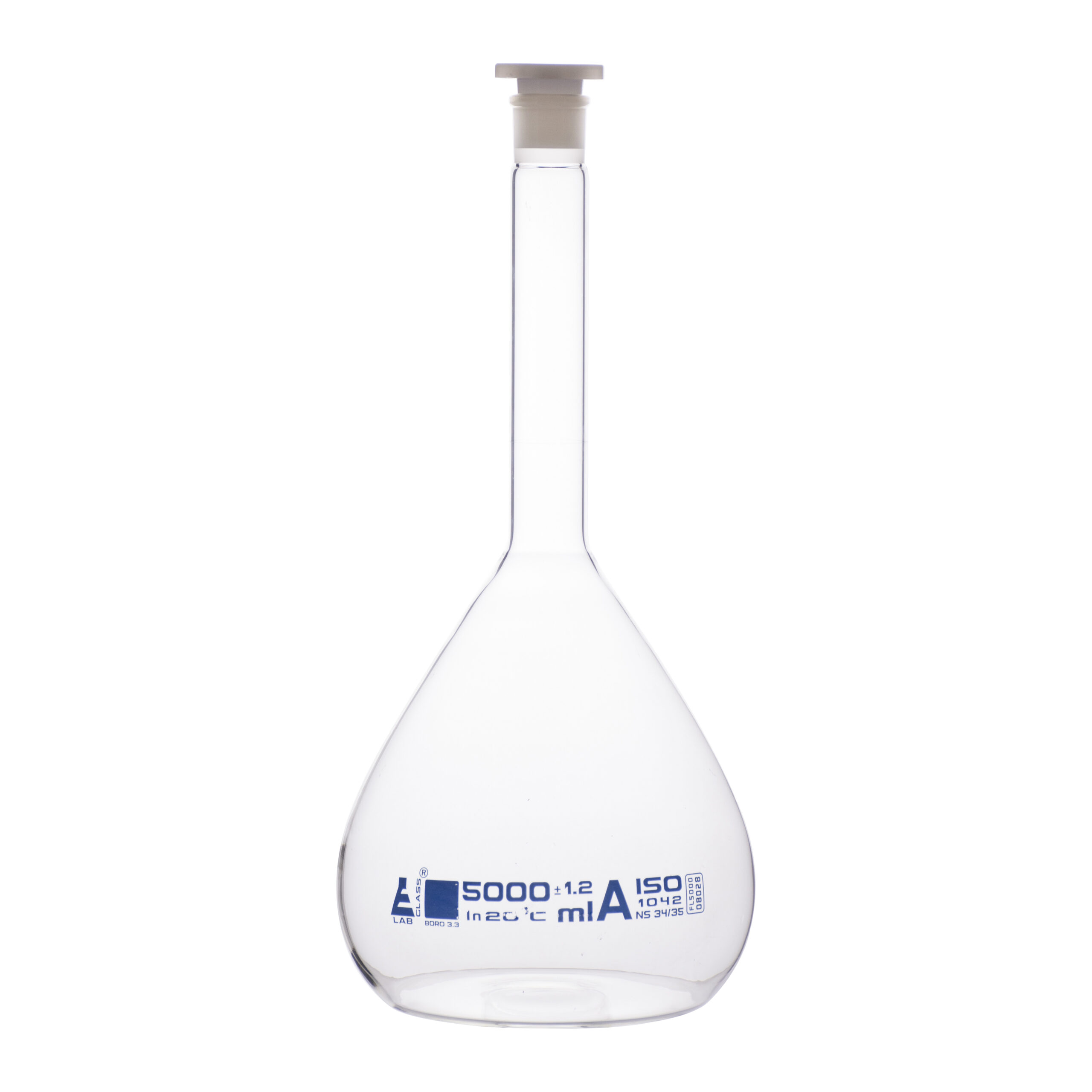 Volumetric Flask, 5000ml - Class A - 34/35 Polyethylene Stopper, Borosilicate Glass - Blue Graduation, Tolerance ±1.200