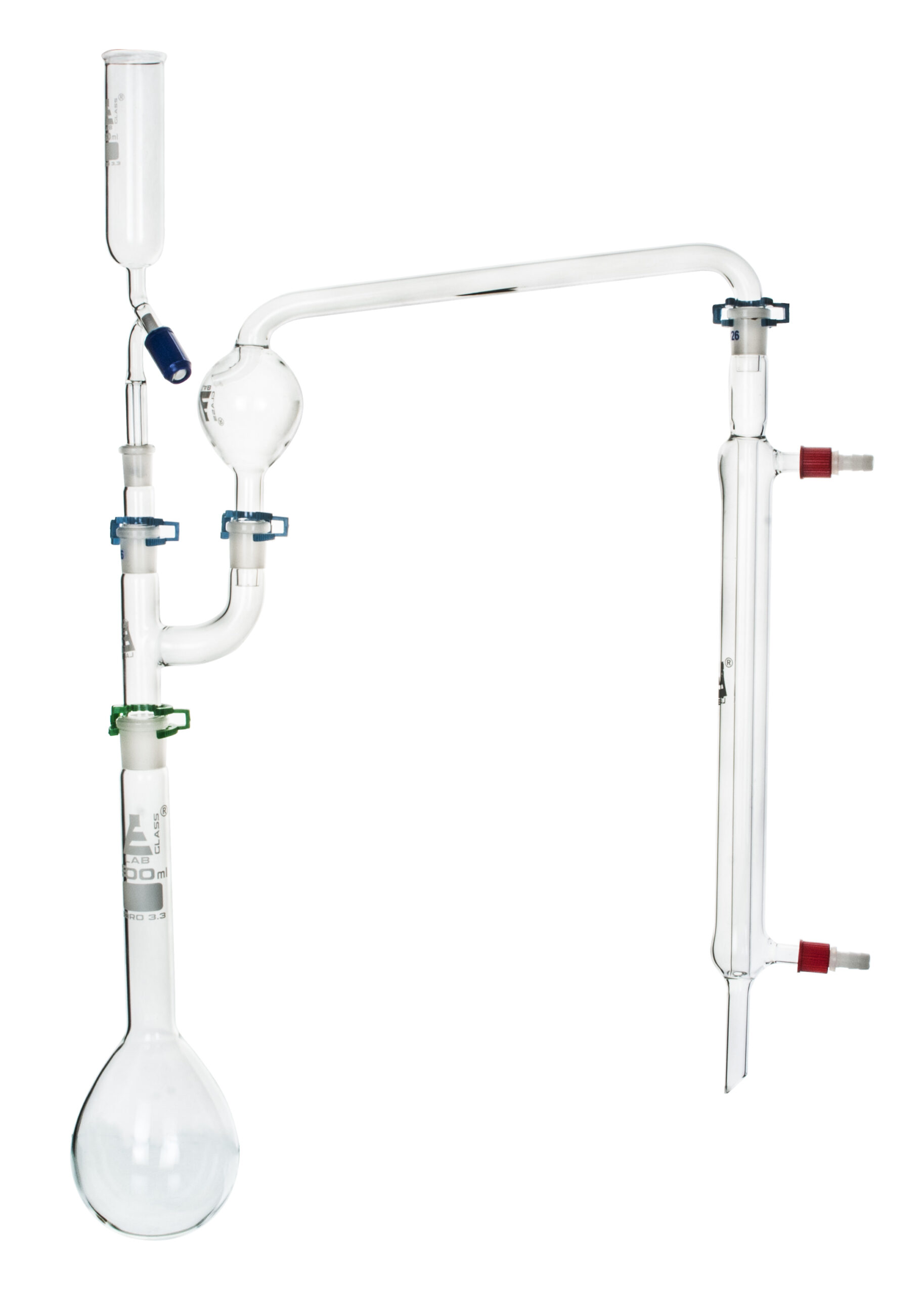 Kjeldahl Distillation Apparatus - 500ml Kjeldahl Flask, Multiple Adaptor, 50ml Dropping Funnel, Splash Head, Liebig Condenser & Joint Clips -19/26 Joint Size - Borosilicate Glass