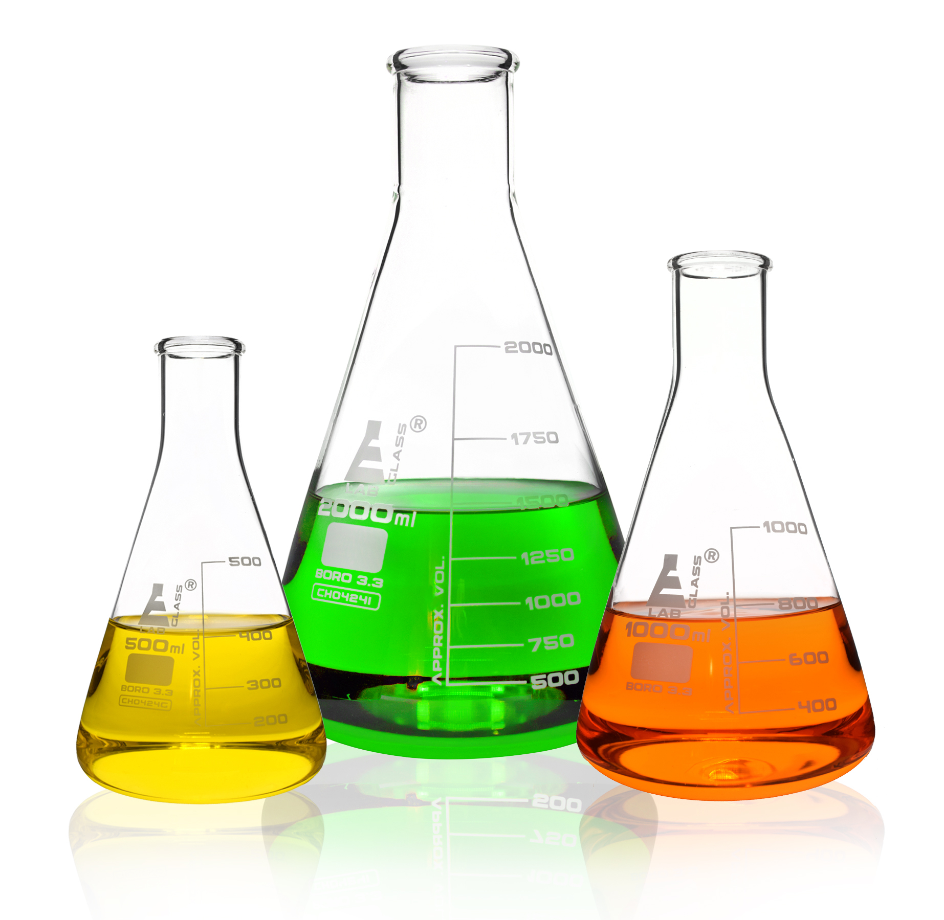 Premium Erlenmeyer Flask Set - 500ml, 1000ml & 2000ml - Narrow Neck, White Graduations - Superior Durability & Chemical Resistance - Borosilicate 3.3 Glass