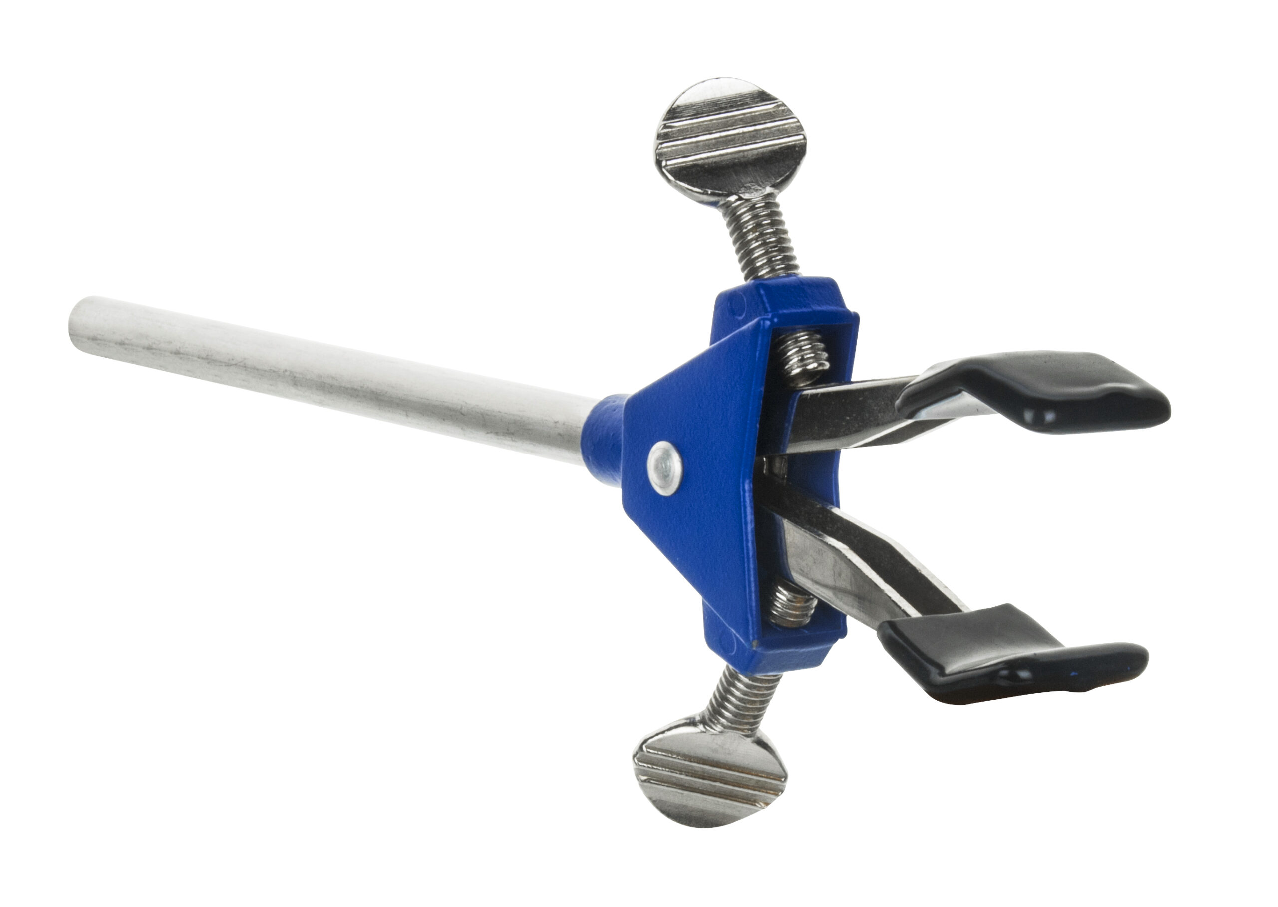 2 Prong, Vinyl Coated, Spring Loaded Clamp on Stainless Steel Rod - 2.75" Max Clamp Opening, 5" Connecting Rod - Powder Coated Alloy Clamp - Research, Industrial Laboratory Grade