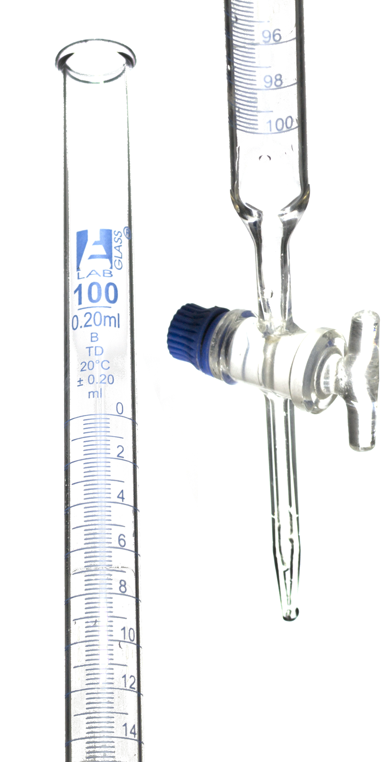 Class B 100mL Borosilicate Burette - 0.2mL Graduations - 0.2mL Tolerance - Glass Key (Smooth) Stopcock - 30.5" Tall