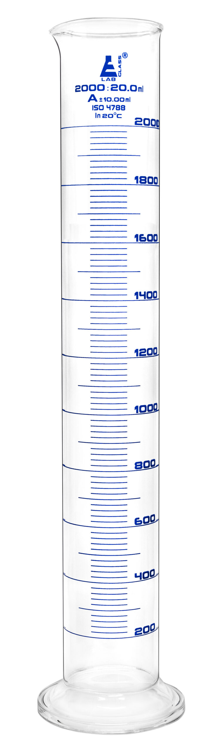 Graduated Cylinder, 2000ml - Class A Tolerance ±10.0ml - Round Base - Blue Graduations - Borosilicate 3.3 Glass