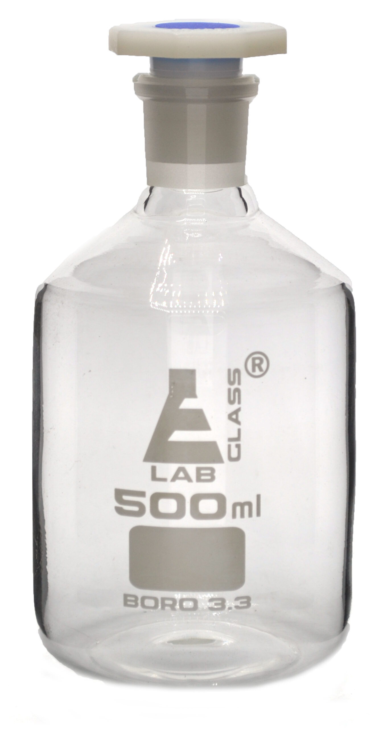500mL (16.9oz) Glass Reagent Bottle with Acid Proof Polypropylene Stopper, Borosilicate 3.3 Glass