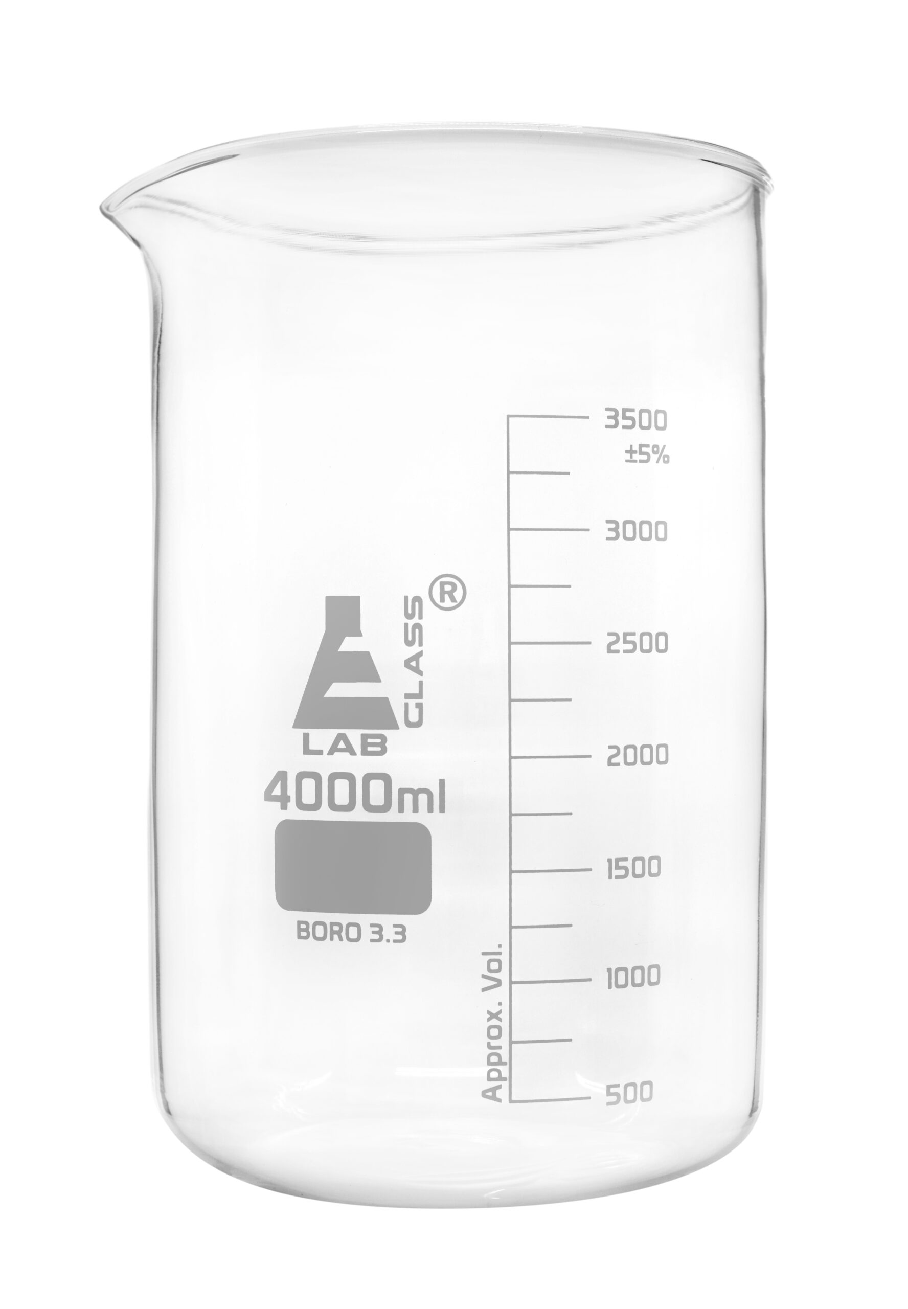 Beaker, 4000mL - Low Form with Spout - White, 500mL Graduations - Borosilicate 3.3 Glass
