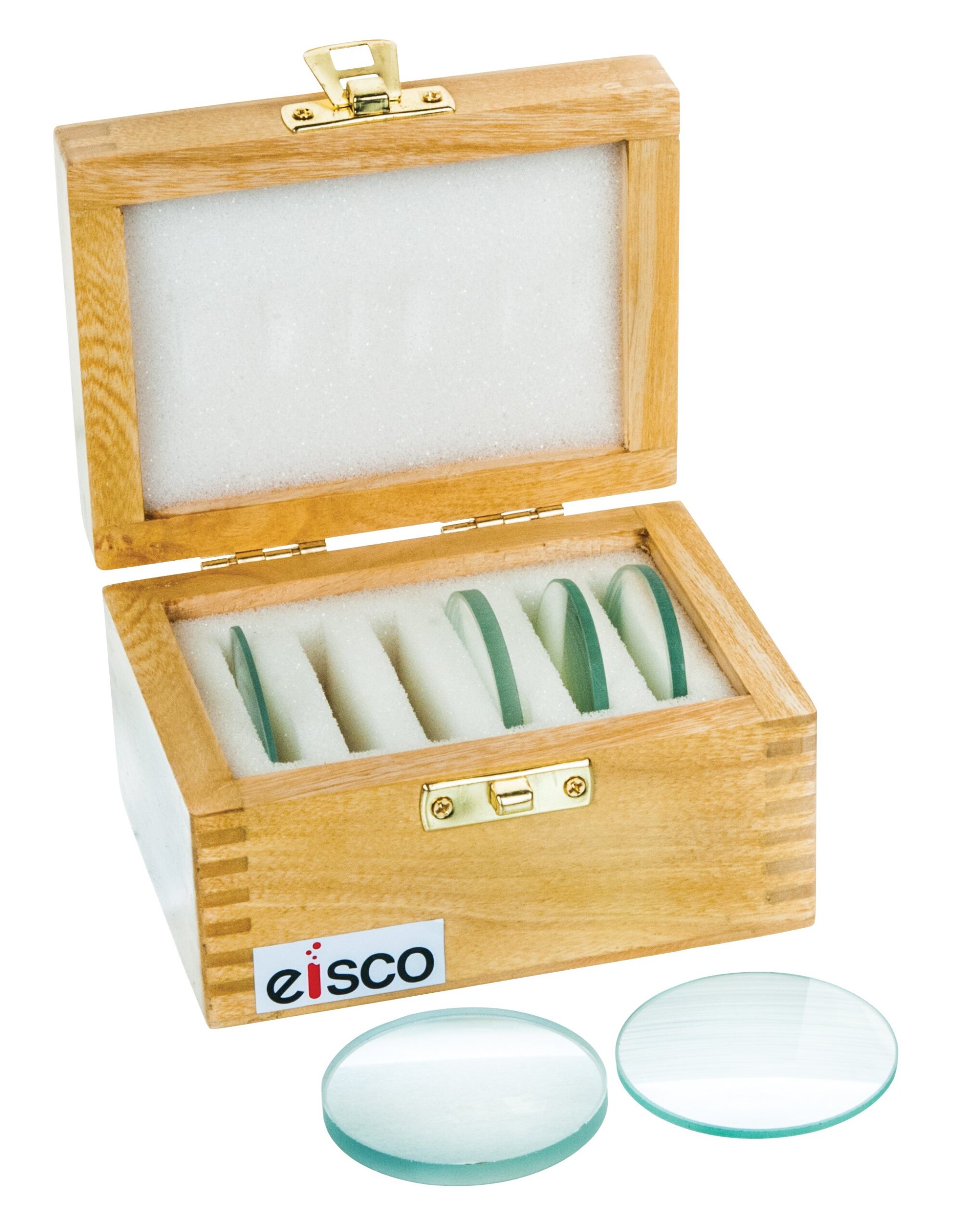 Glass Lenses Set of Six in Wooden Case - 50 mm dia., 3 Double Convex (20, 30, 50cm FL) and 3 Double Concave (20, 30, 50cm FL)