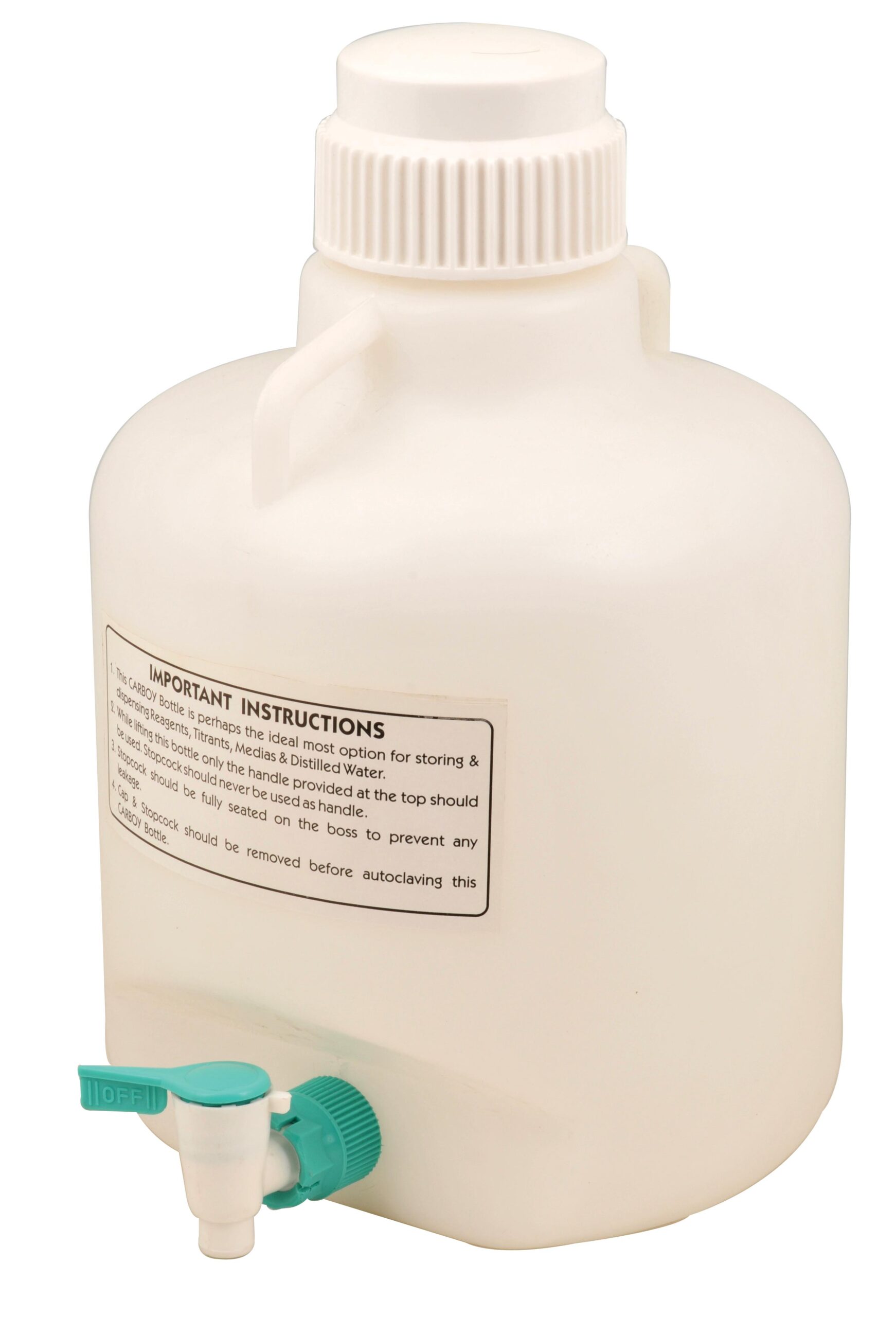 Carboy Bottle with Stopcock, 10 Liter Capacity, White Premium Polypropylene with 2 Handles