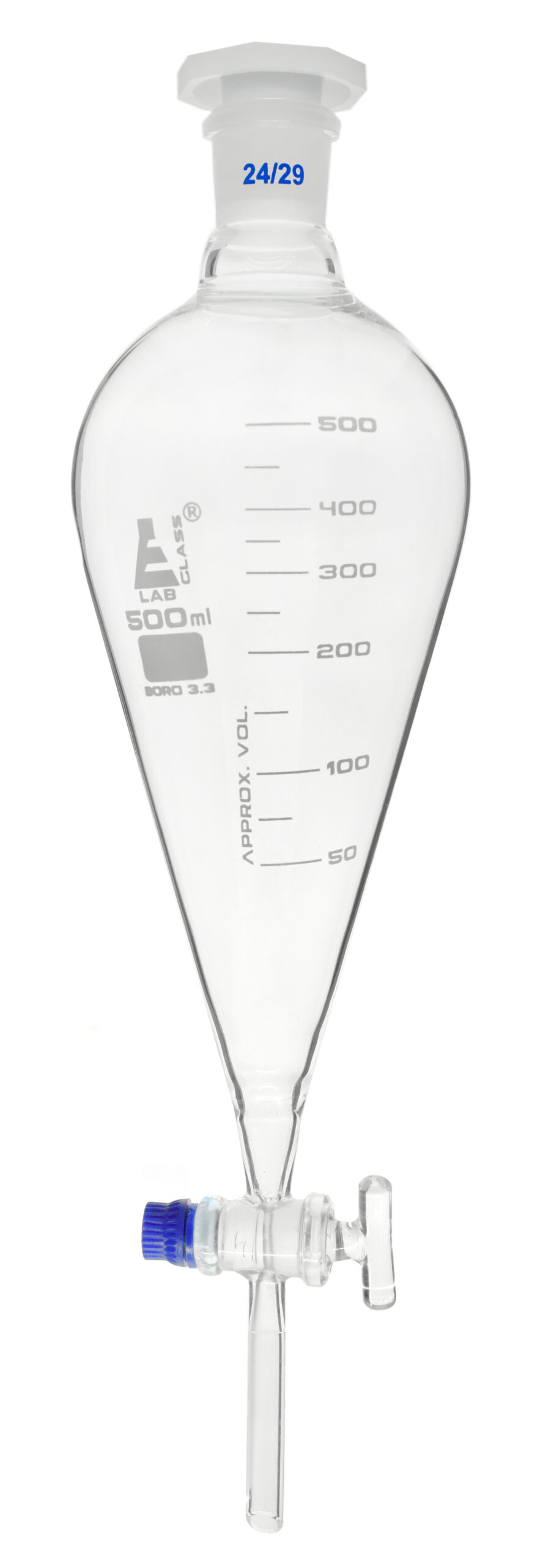 Squibb Separating Funnel, 500ml - 24/29 Plastic Stopper, Glass Key Stopcock, Graduated - Borosilicate Glass