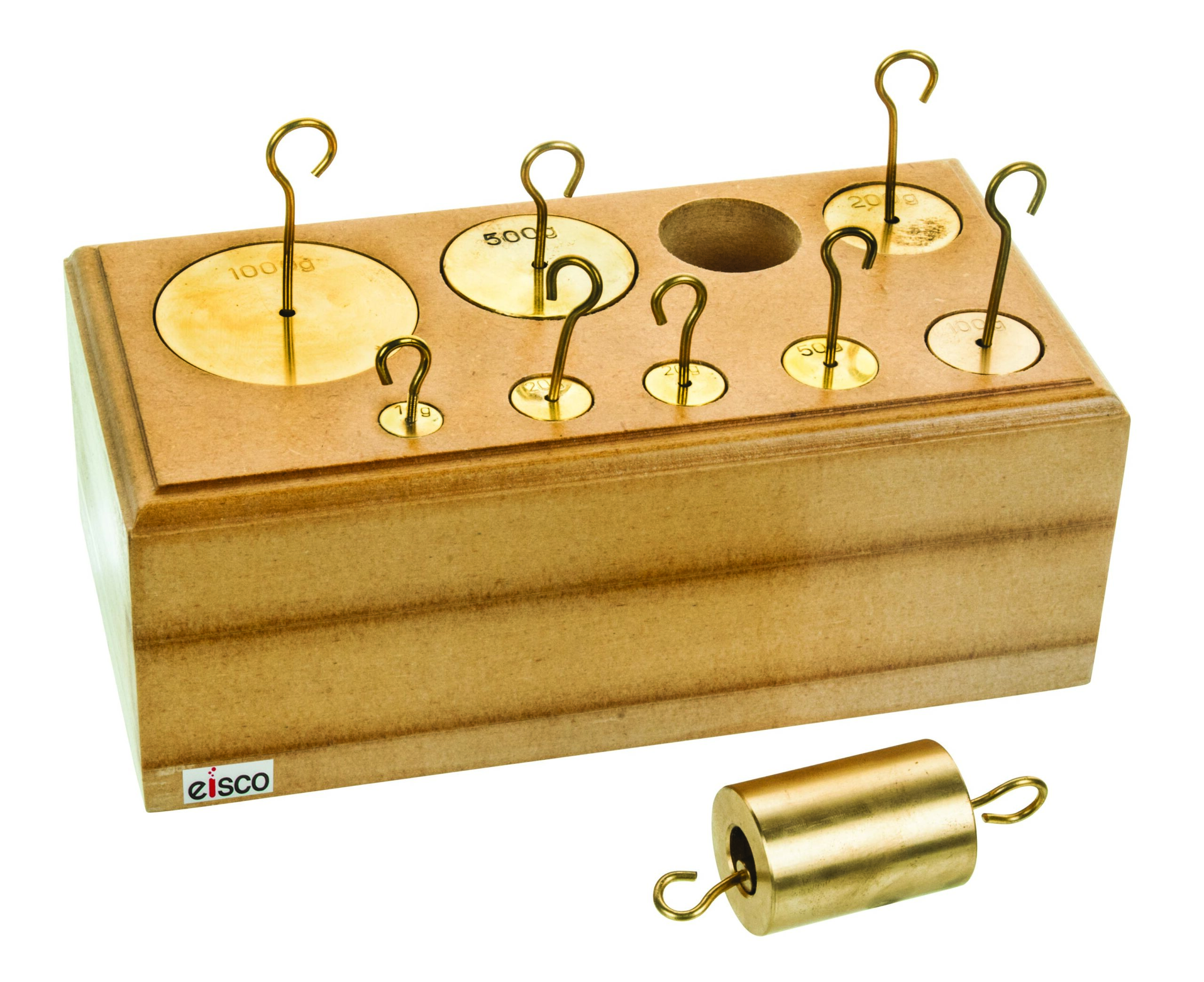 Hooked Brass Weights, Set of 9 weights, 10-1000g in wooden block
