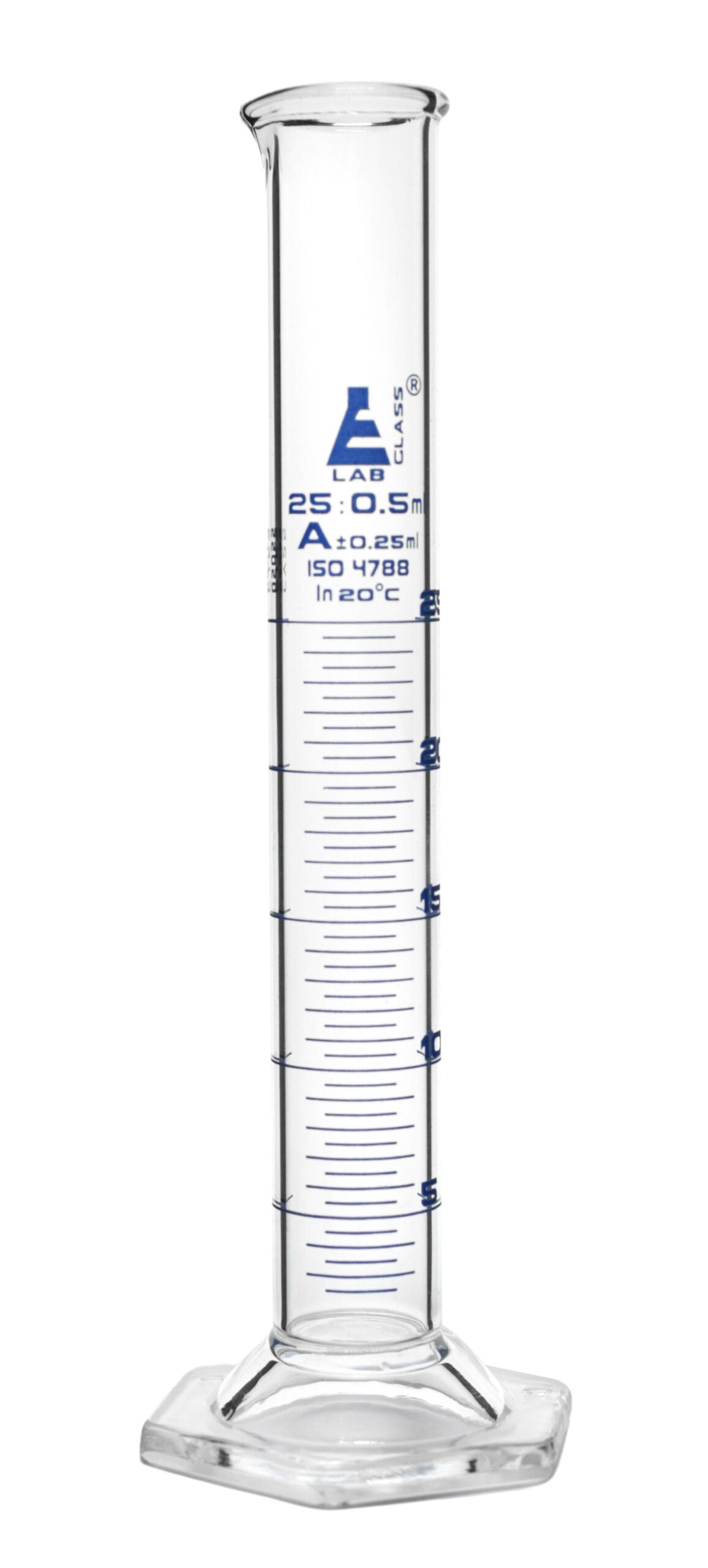 Graduated Cylinder, 25ml - Class A Tolerance ±0.25ml - Hexagonal Base - Blue Graduations - Borosilicate 3.3 Glass