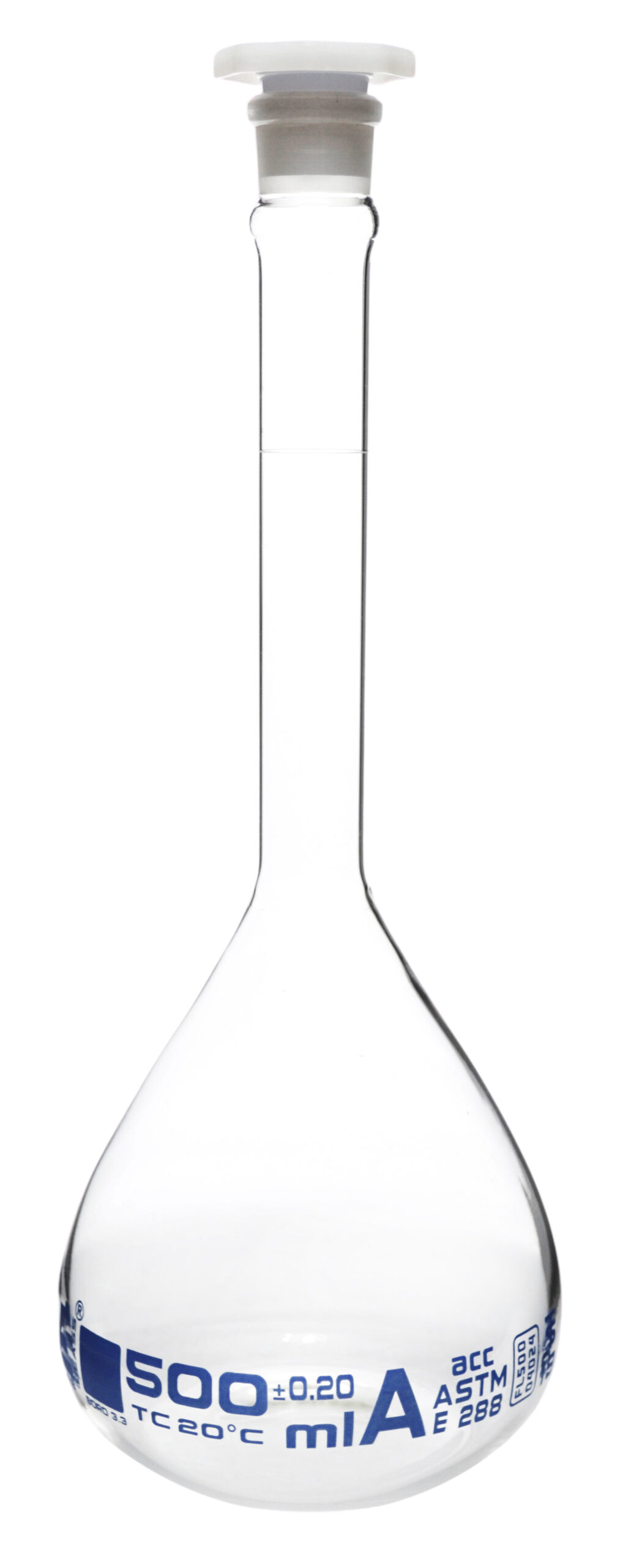 Volumetric Flask, 500ml - ASTM, Class A - Tolerance ±0.20ml - Interchangeable, Size 19 Polypropylene Stopper - Single, White Graduation - Borosilicate Glass