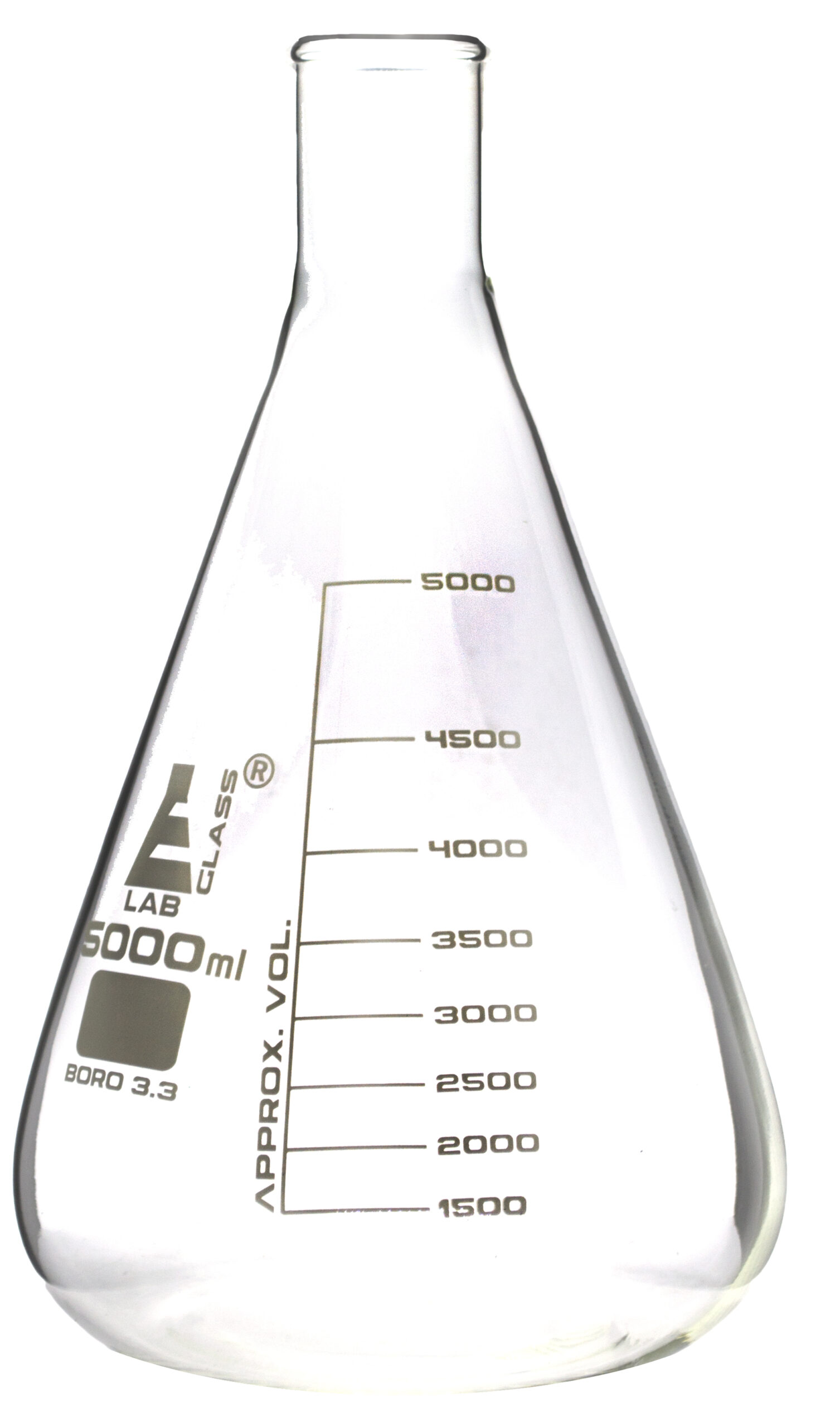 Erlenmeyer Flask, 5000ml - Borosilicate Glass - Narrow Neck, Conical Shape - White Graduations