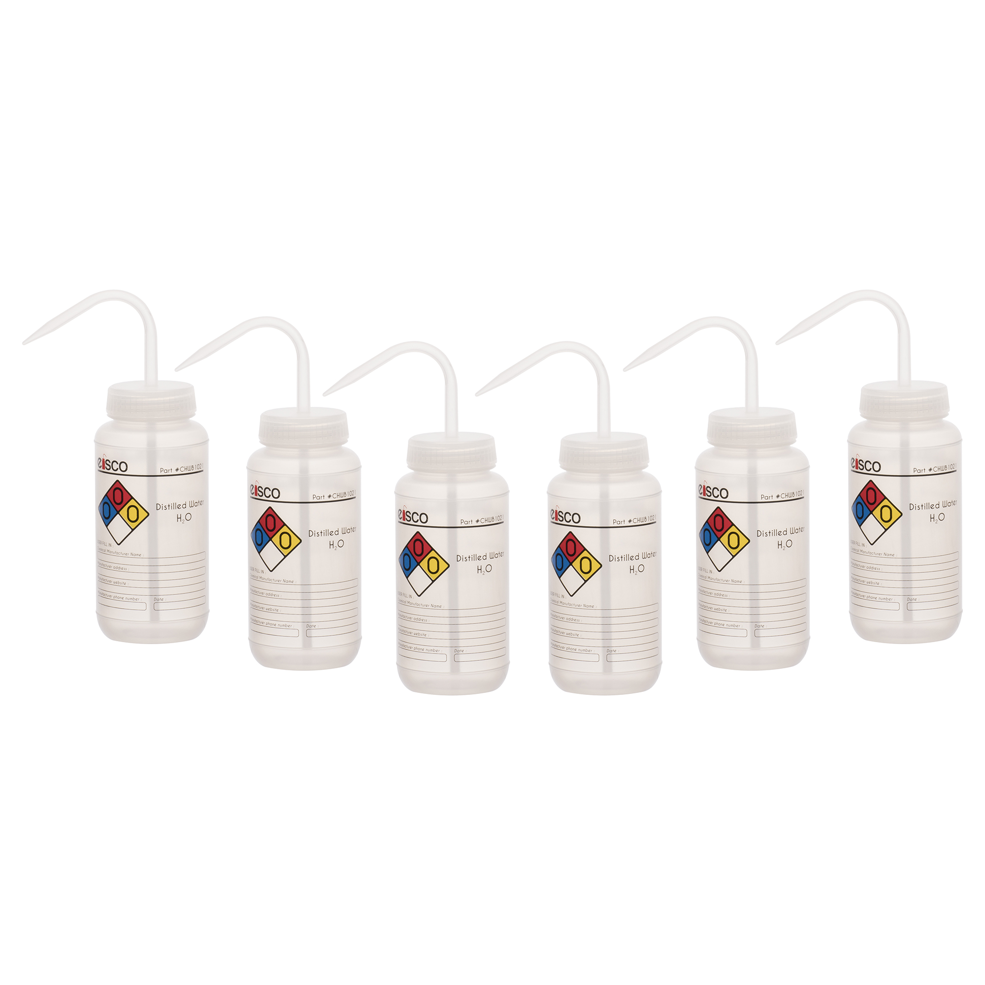 6PK Wash Bottle for Distilled Water, 500ml - Labeled with Color Coded Chemical & Safety Information (4 Colors) - Wide Mouth, Self Venting, Low Density Polyethylene