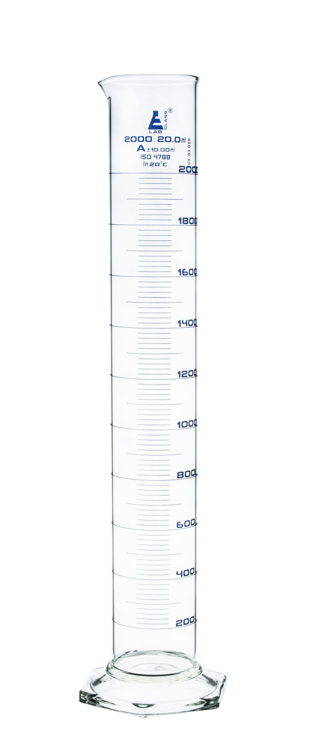 Graduated Cylinder, 2000ml - Class A Tolerance ±10.0ml - Hexagonal Base - Blue Graduations - Borosilicate 3.3 Glass