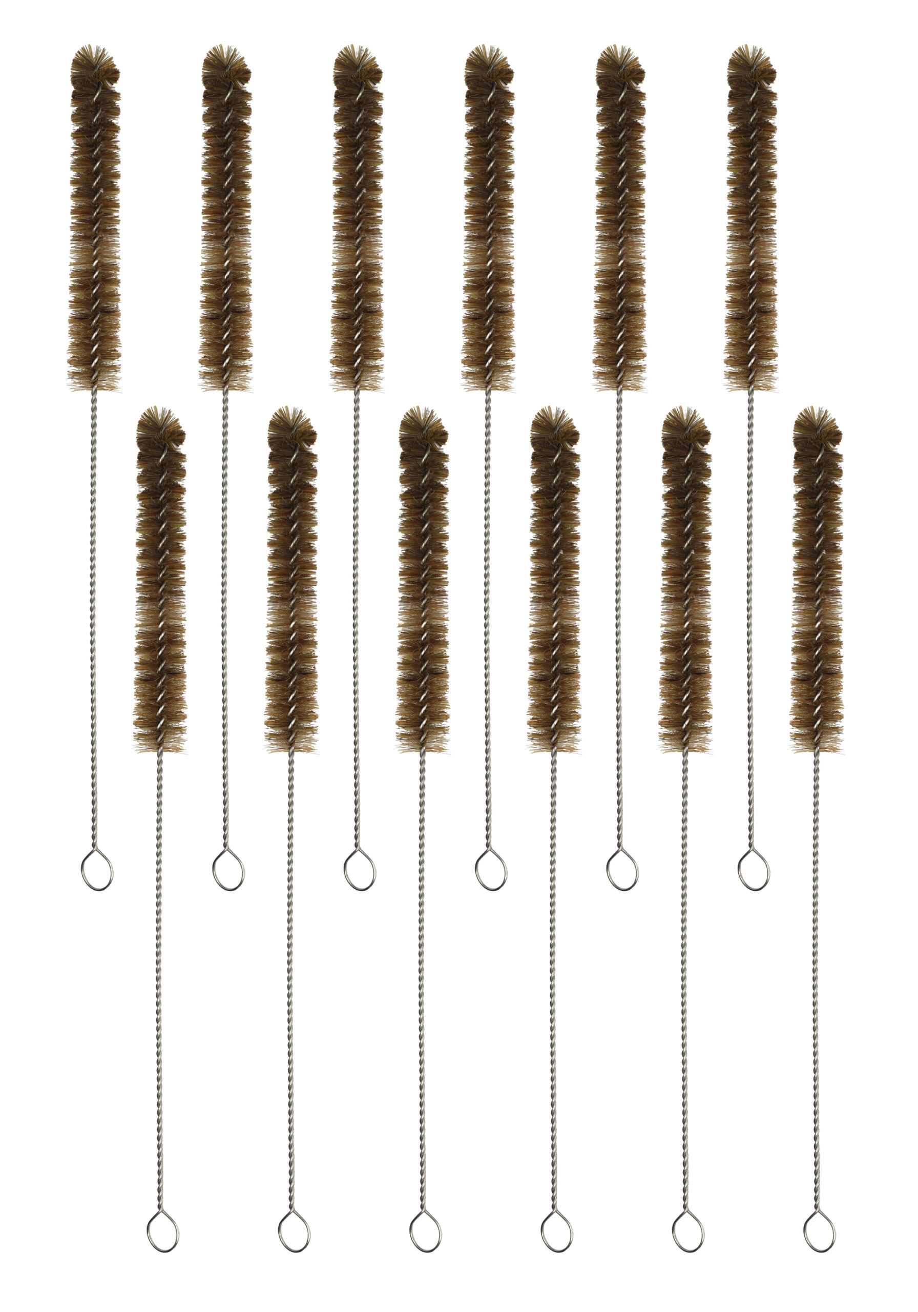 12PK Bristle Cleaning Brushes with Fan-Shaped Ends, 9.25" - Twisted Stainless Steel Wire Handle - Ideal for 0.3" - 0.5" Tubes, Bottles, Cylinders, Flasks, Straws