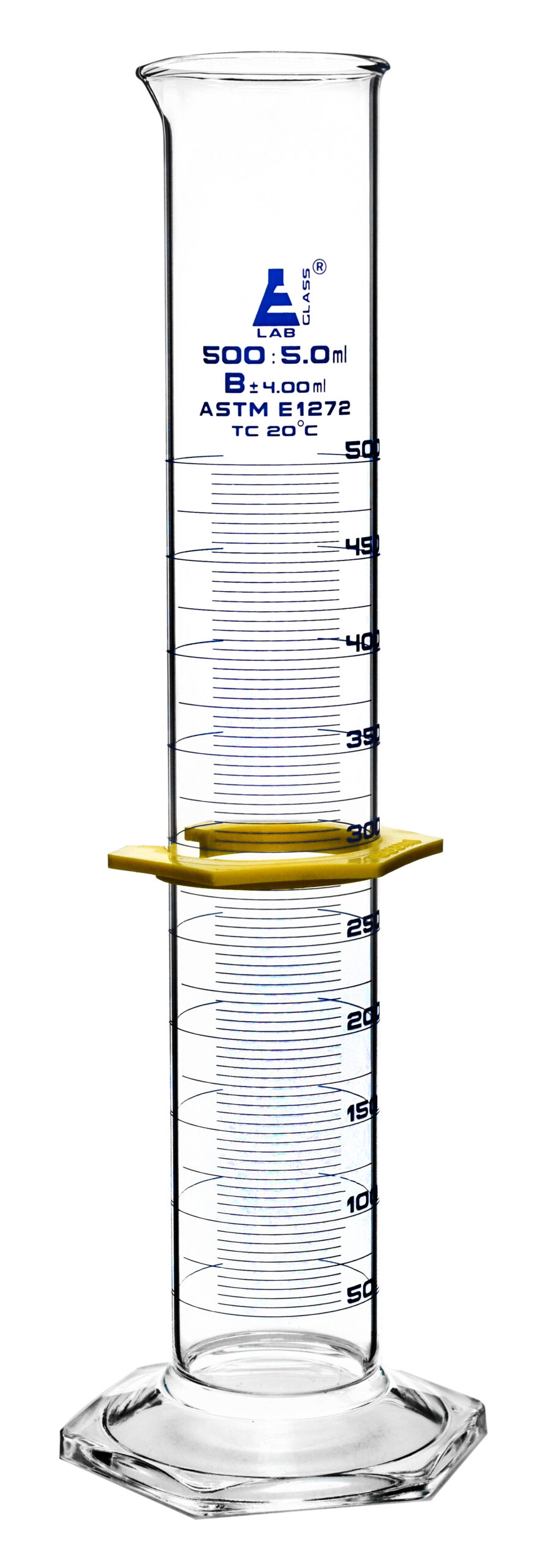 Measuring Cylinder, 500ml - ASTM, Class B Tolerance ±4.00ml - Protective Collar, Hexagonal Base - Blue Graduations - Borosilicate 3.3 Glass