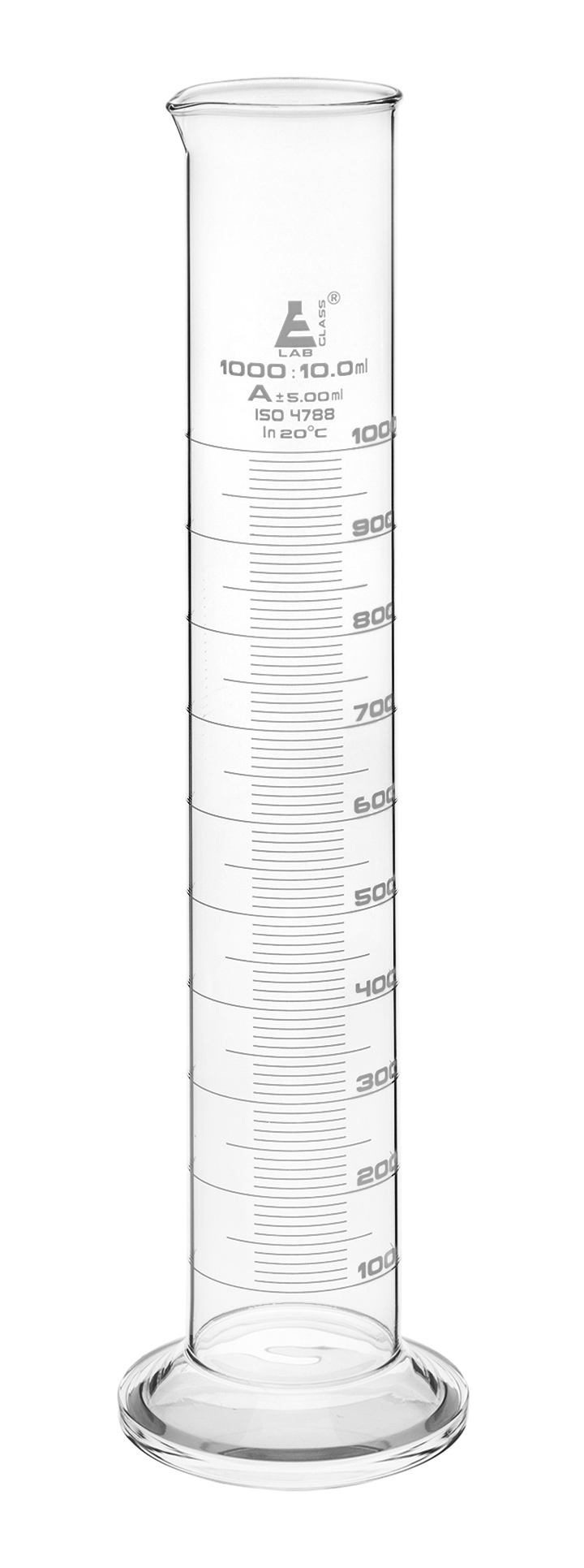 Graduated Cylinder, 1000ml - Class A Tolerance ±5.00ml - Round Base - White Graduations - Borosilicate 3.3 Glass
