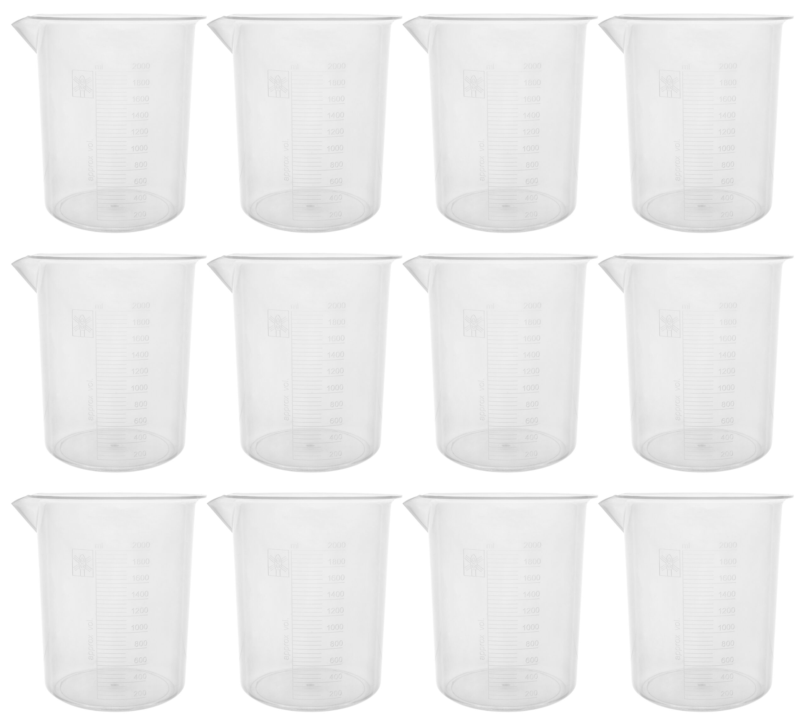 12PK Plastic Beakers, 2000ml - Polypropylene Plastic - Raised Graduations, Tapered Spout - Euro Design
