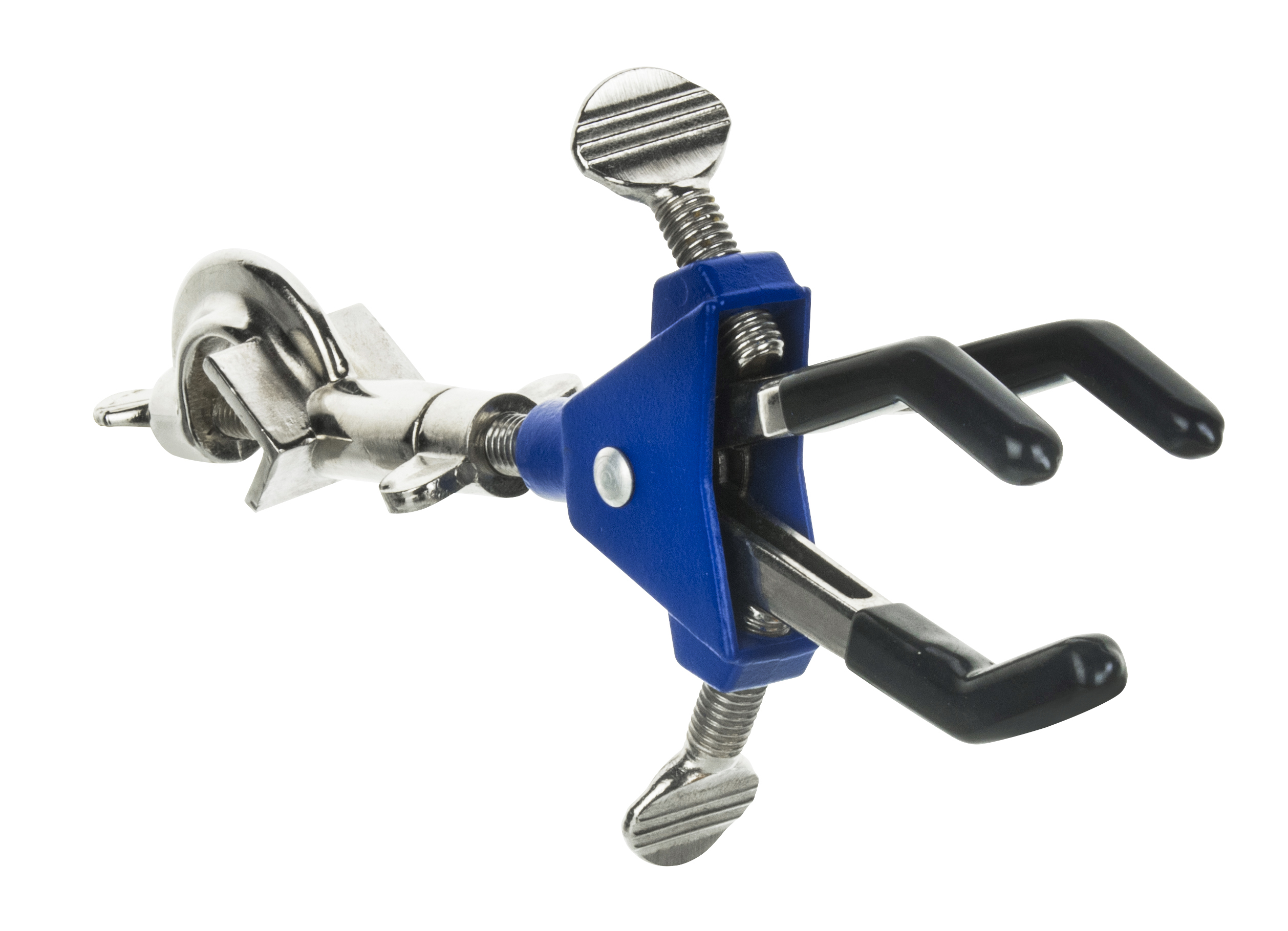 3 Finger, Vinyl Coated Dual Adjustable Extension Clamp on Swivel Bosshead - 2.3" Max Clamp Opening - Powder Coated Zinc Alloy - Research, Industrial Laboratory Grade