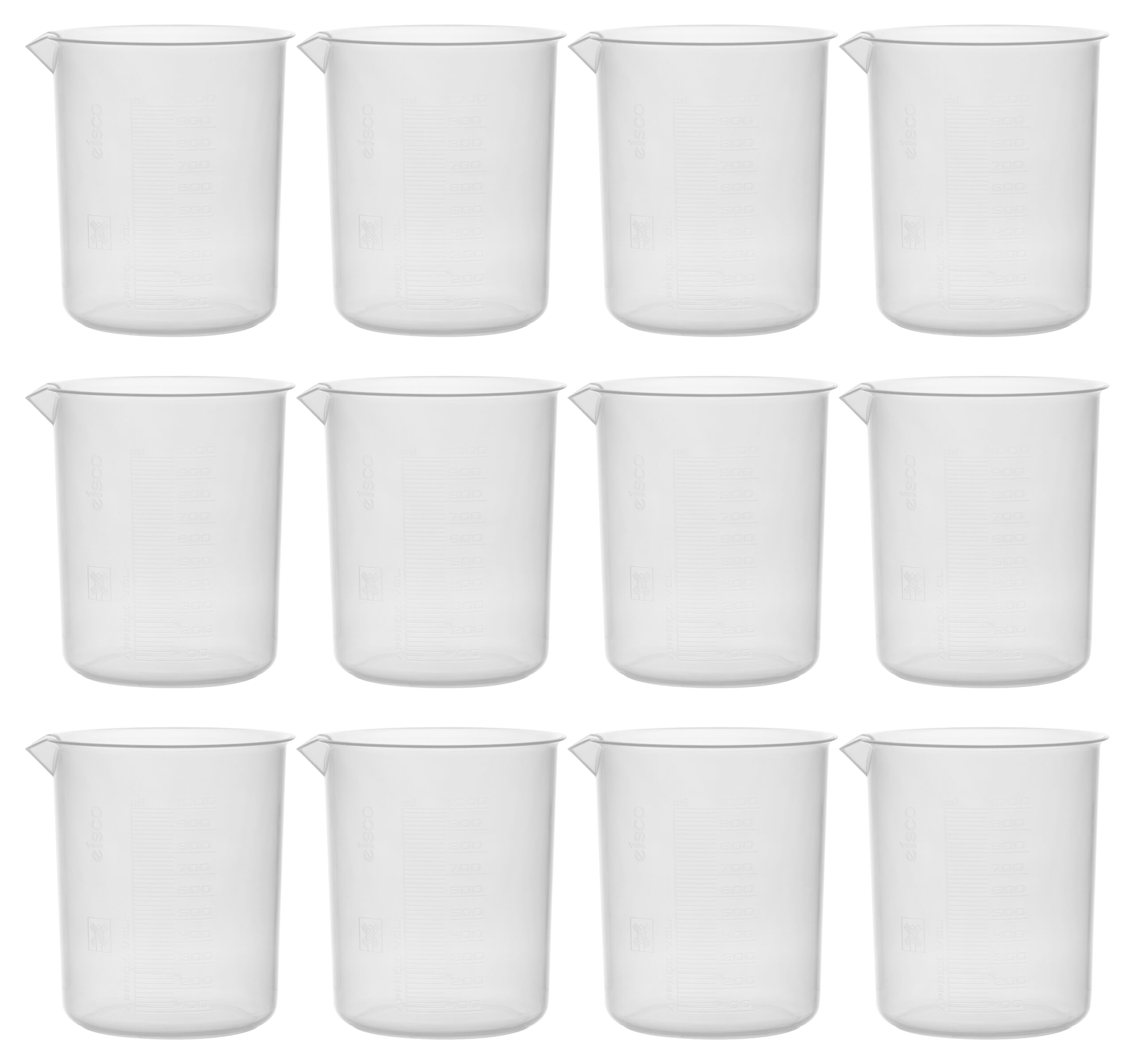 12PK Plastic Beakers, 1000ml - Polypropylene Plastic - Raised Graduations, Tapered Spout - Euro Design
