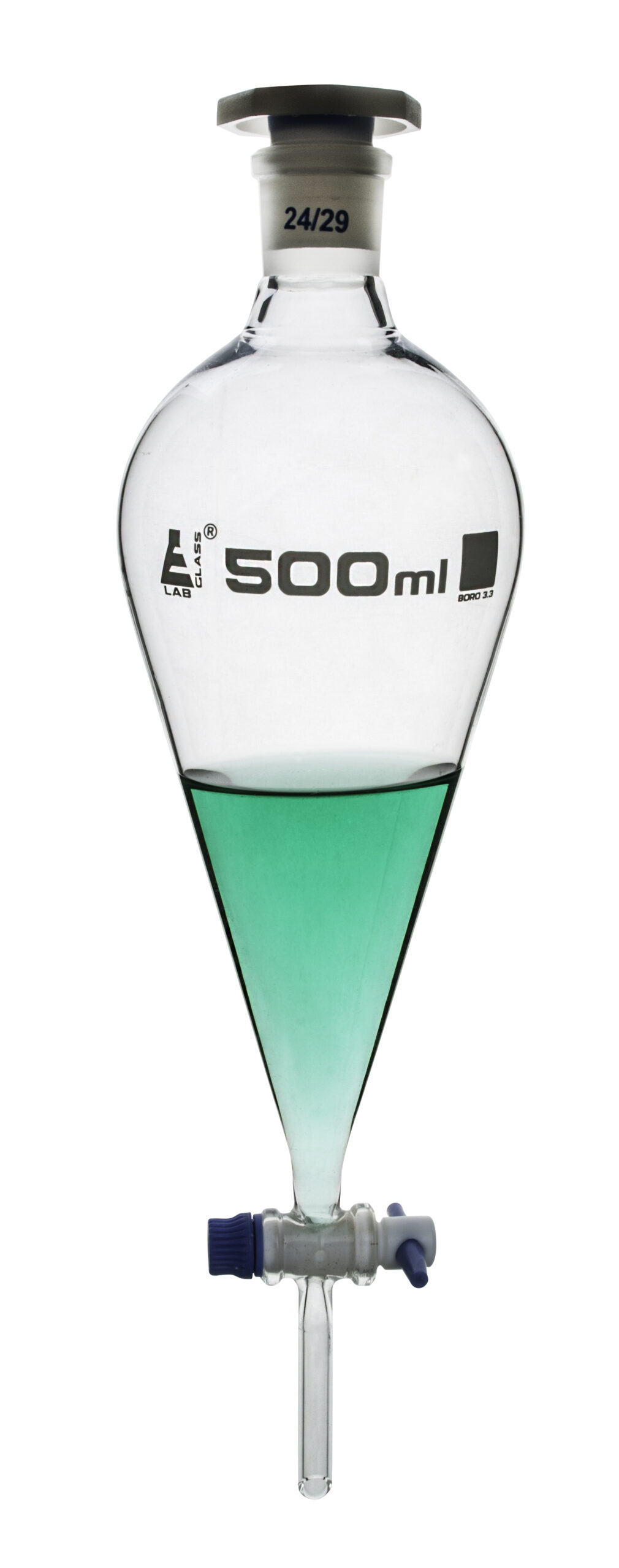 Squibb Separating Funnel, 500ml - 24/29 Plastic Stopper, PTFE Key Stopcock, Ungraduated - Borosilicate Glass