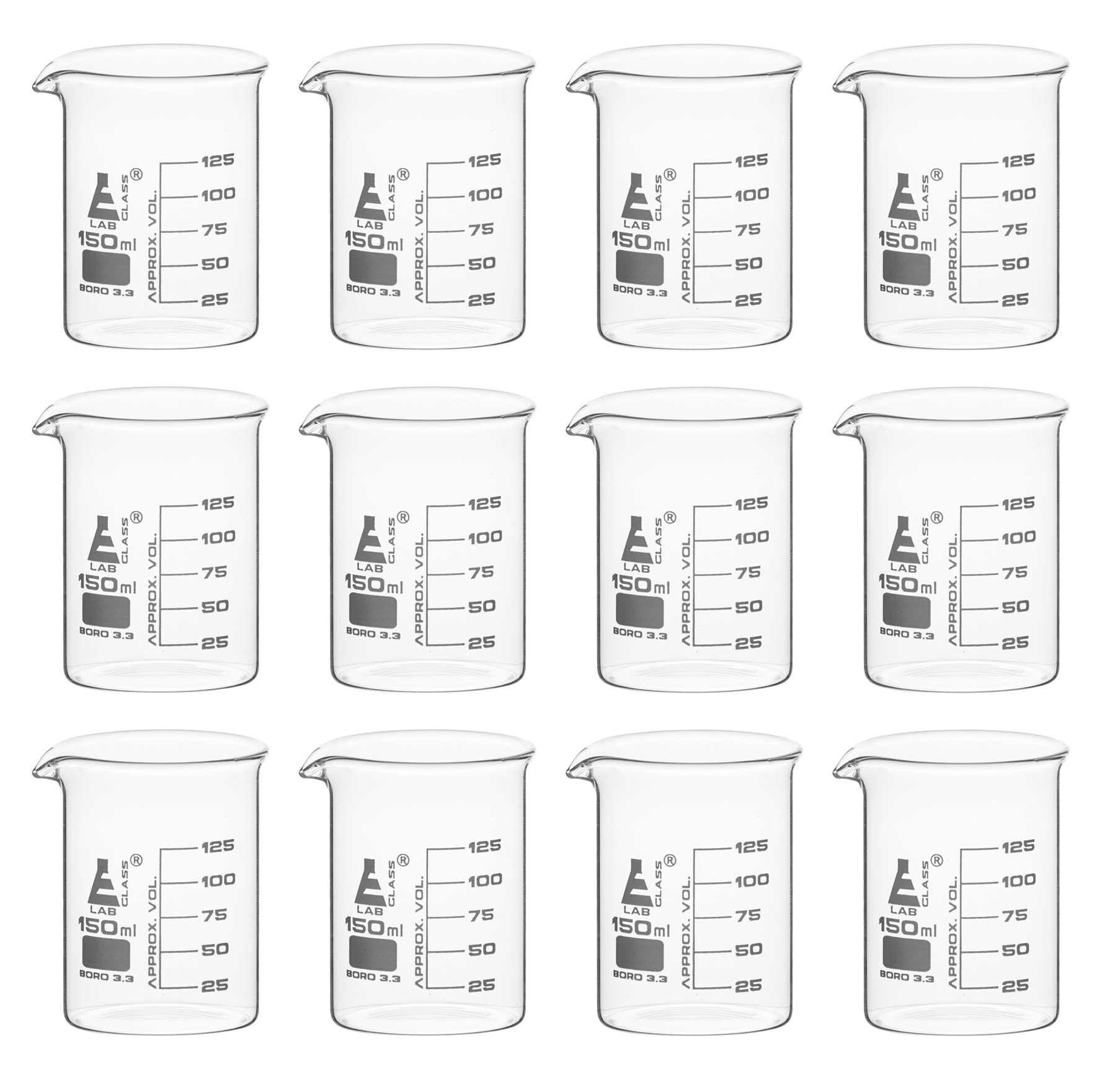 12 Pack Beakers, 150ml - Borosilicate Glass, Low form - 125ml Graduations
