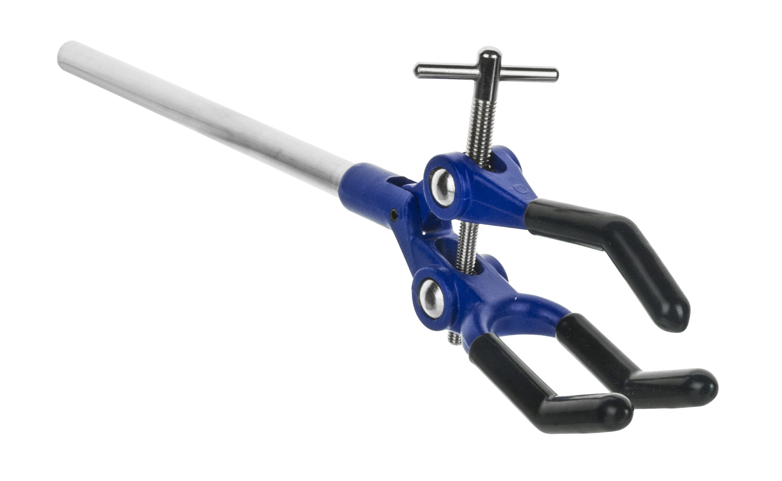 3 Finger, Vinyl Coated Extension Clamp on Stainless Steel Rod - 3.4" Max Clamp Opening, 5.5" Rod, 2" Fingers - Zinc Alloy Construction - Research, Industrial Laboratory Grade