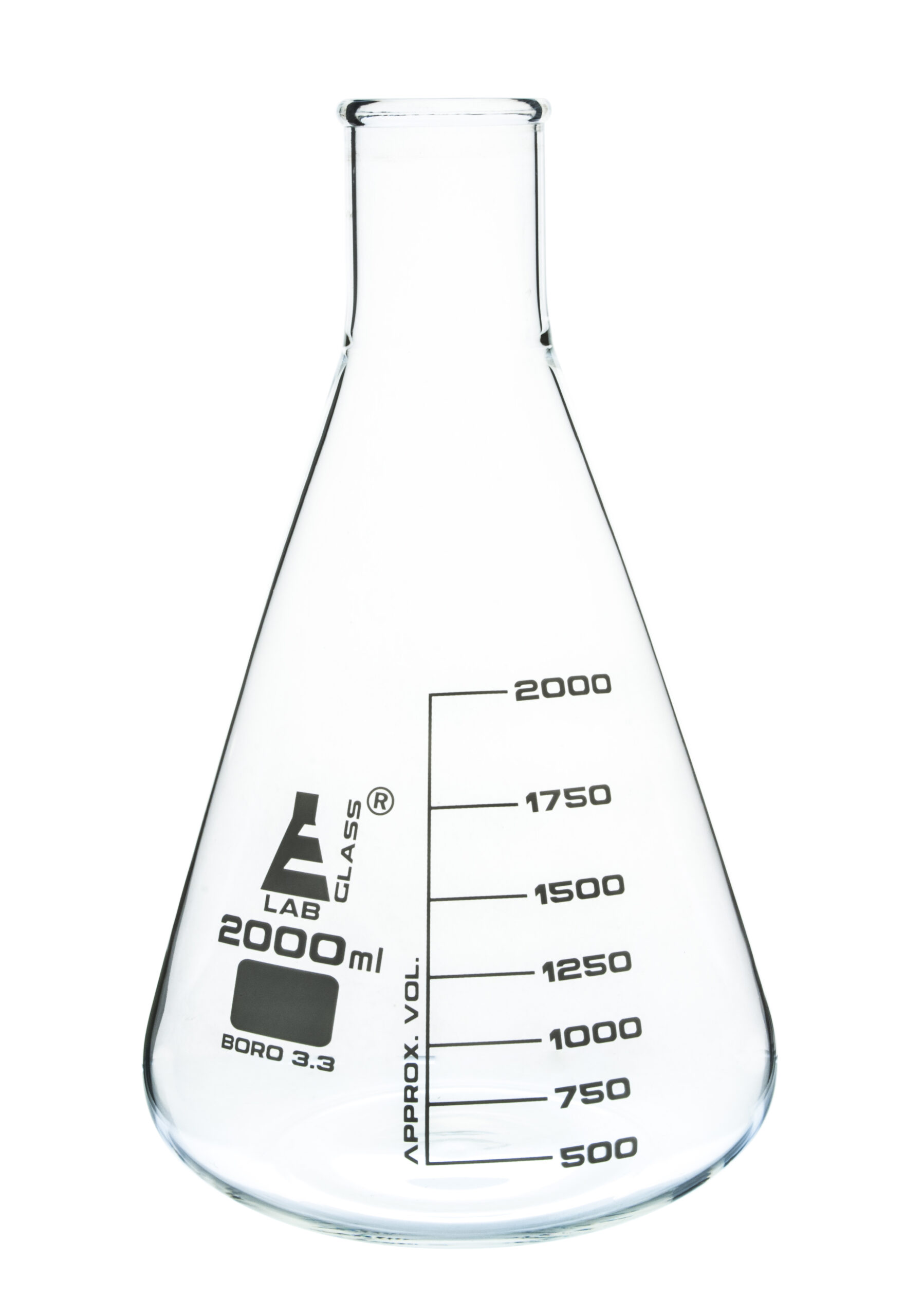 Erlenmeyer Flask, 2000ml - Borosilicate Glass - Narrow Neck, Conical Shape - White Graduations