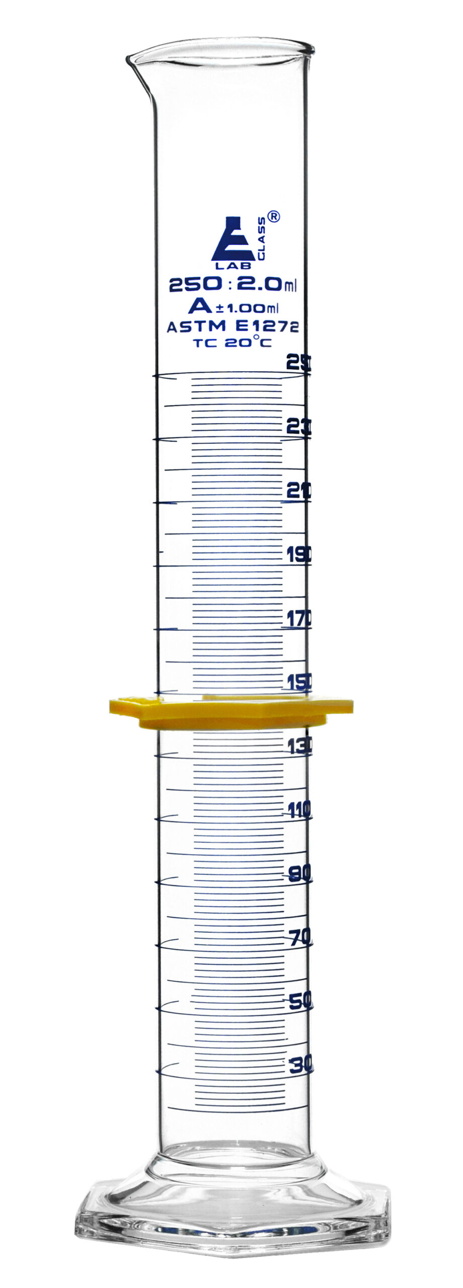 Measuring Cylinder, 250mL - ASTM, Class A Tolerance ±1.00mL - Protective Collar, Hexagonal Base - Blue Graduations - Borosilicate 3.3 Glass