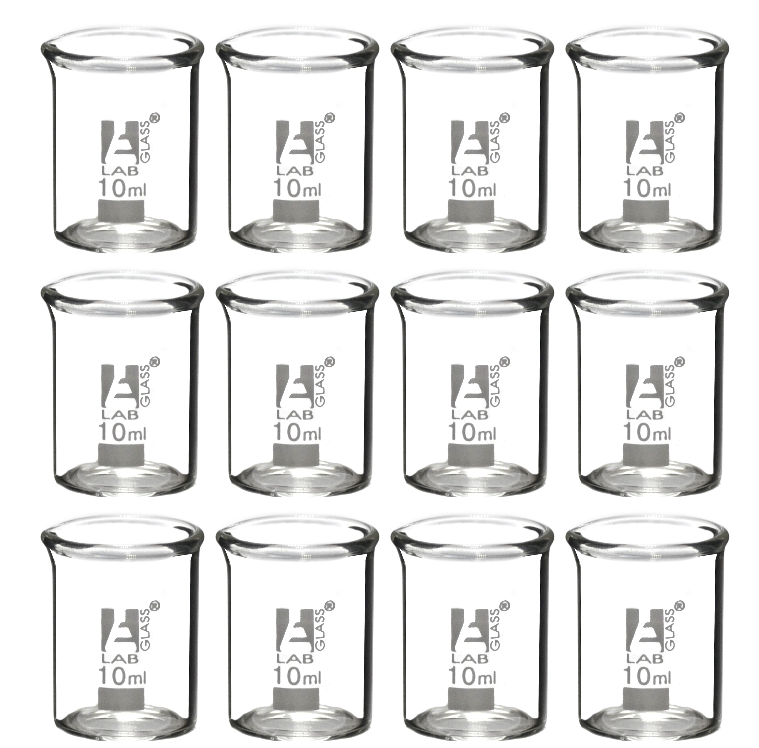 12PK Beakers, 10ml - Griffin Style, Low Form with Spout - Ungraduated - Borosilicate 3.3 Glass