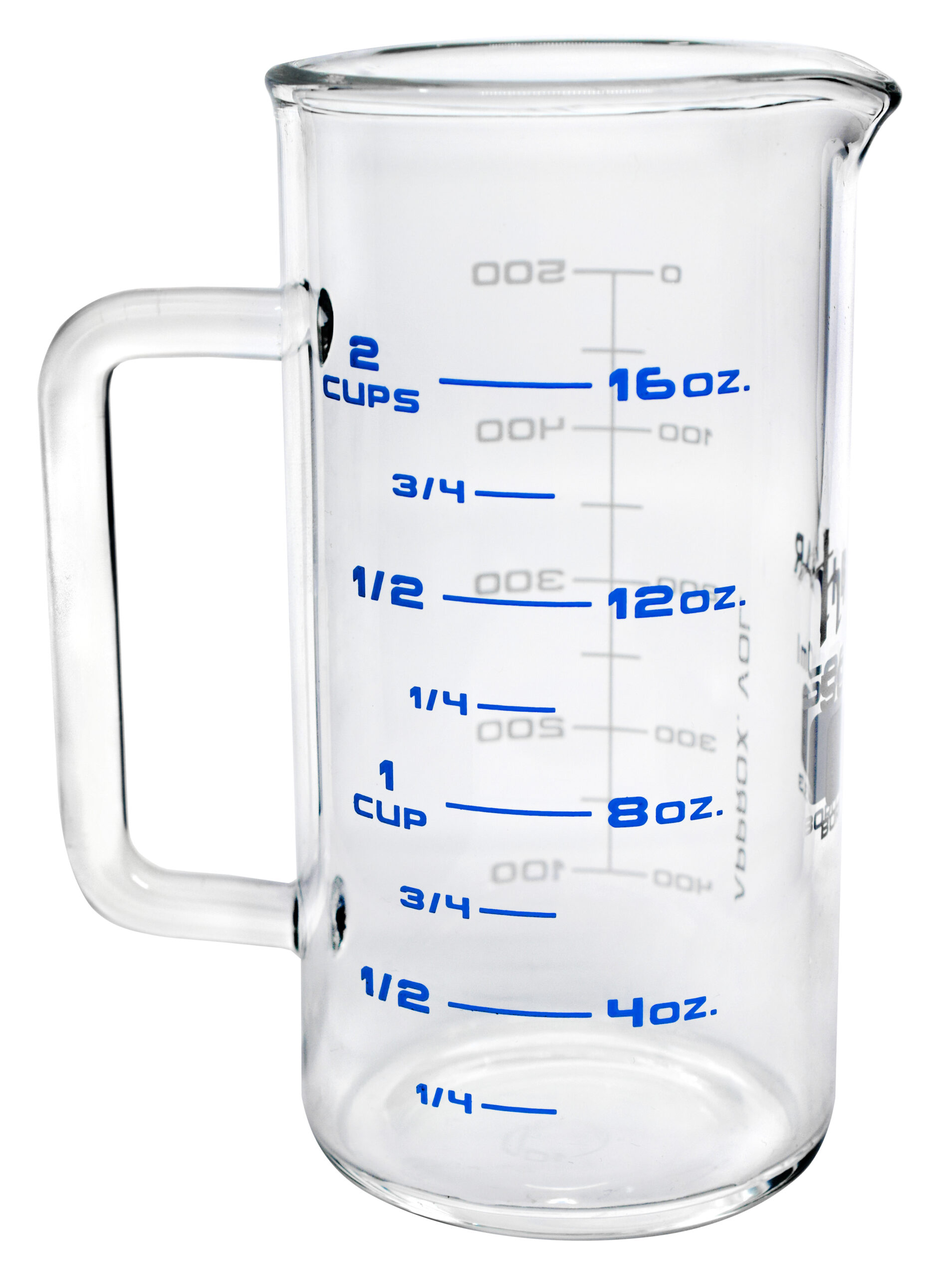 Industrial Beaker Mug, 500ml - Extra Heavy Duty 3.3 Borosilicate Glass - Tall Form, with Spout - Double Sided, Printed Graduations in Cups, Ounces & Milliliters