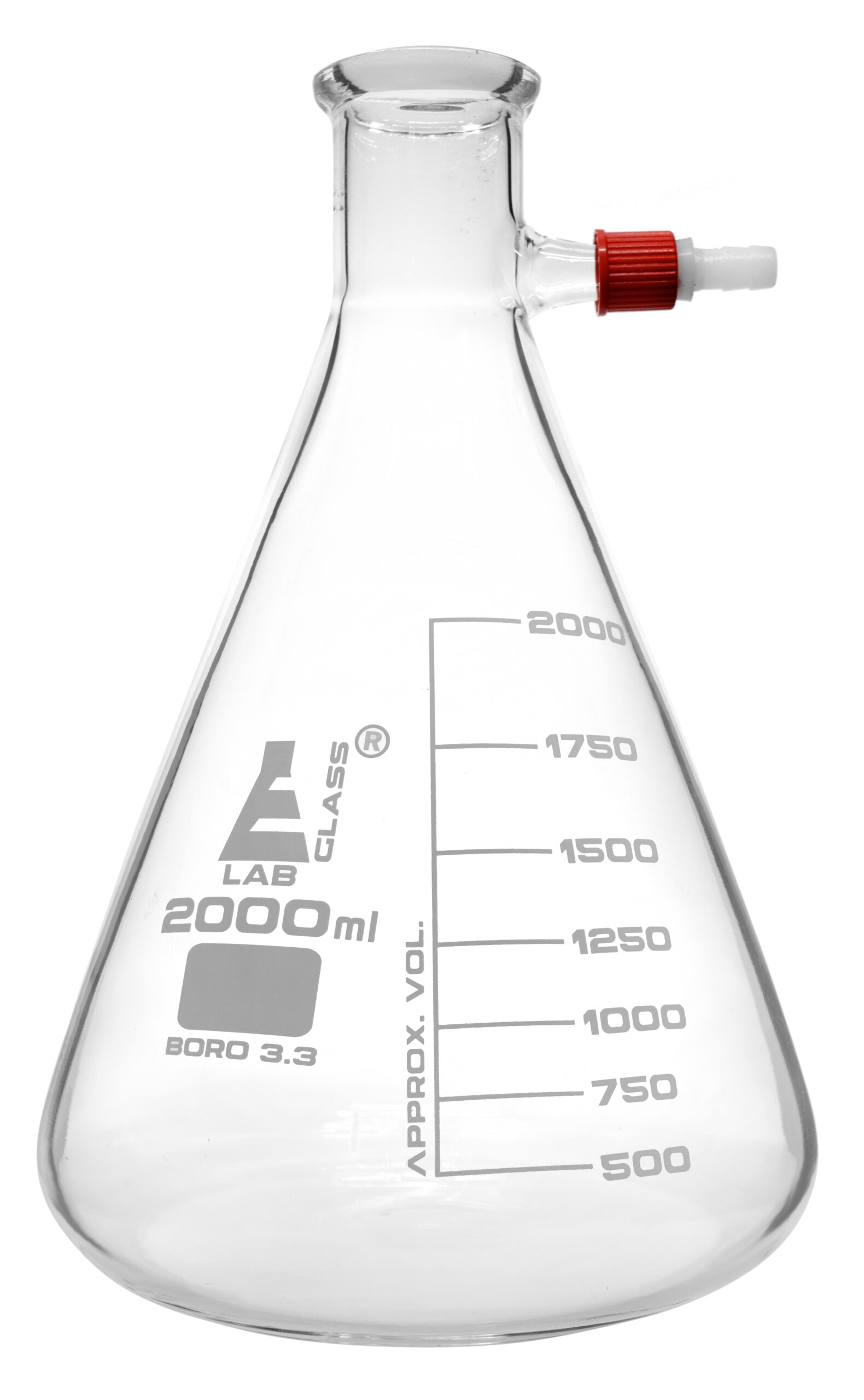 Filtering Flask, 2000ml - Borosilicate Glass - Conical Shape, with Integral Plastic Side Arm - White Graduations