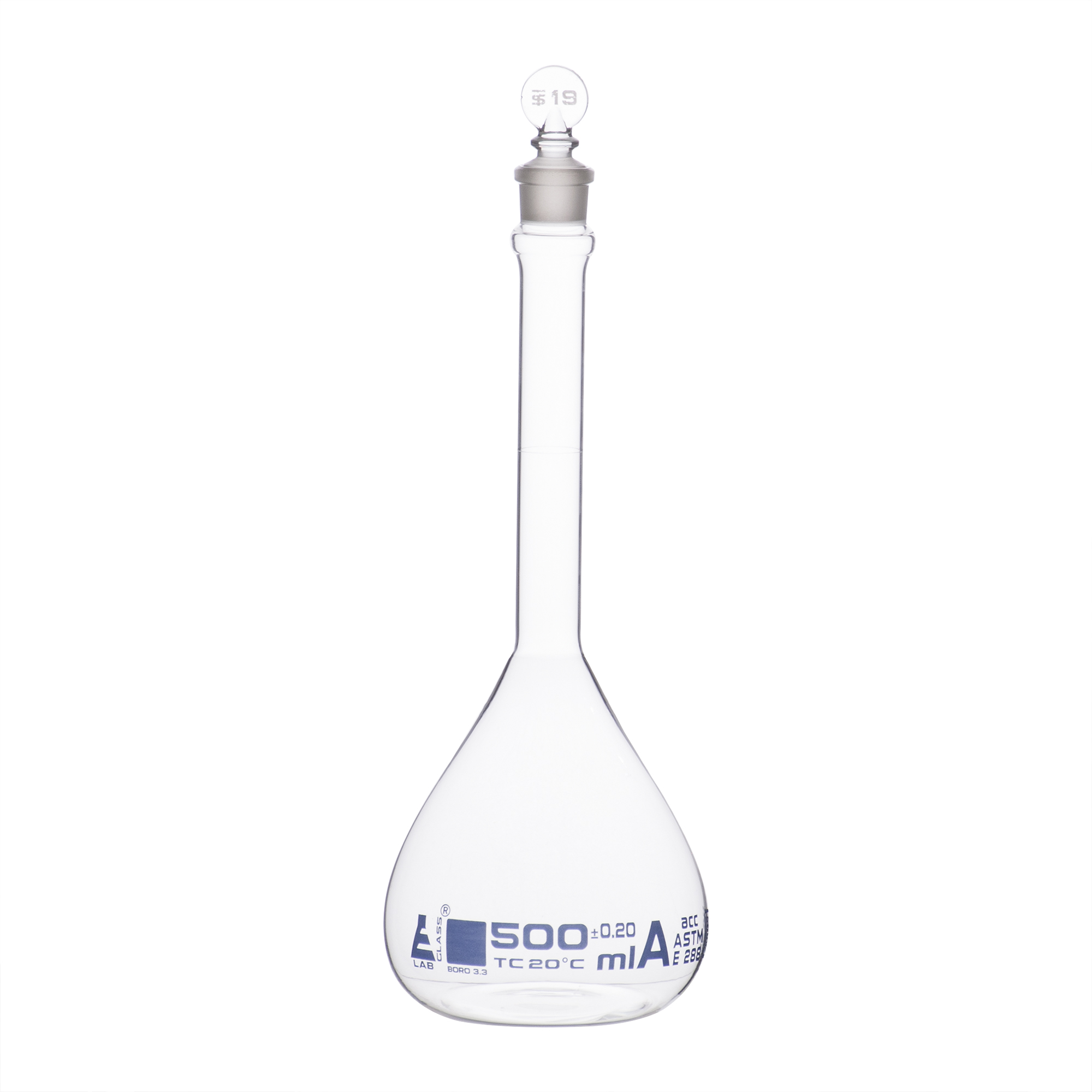 Volumetric Flask, 500mL - Class A, ASTM - Tolerance ±0.200 mL - Glass Stopper - Single, Blue Graduation