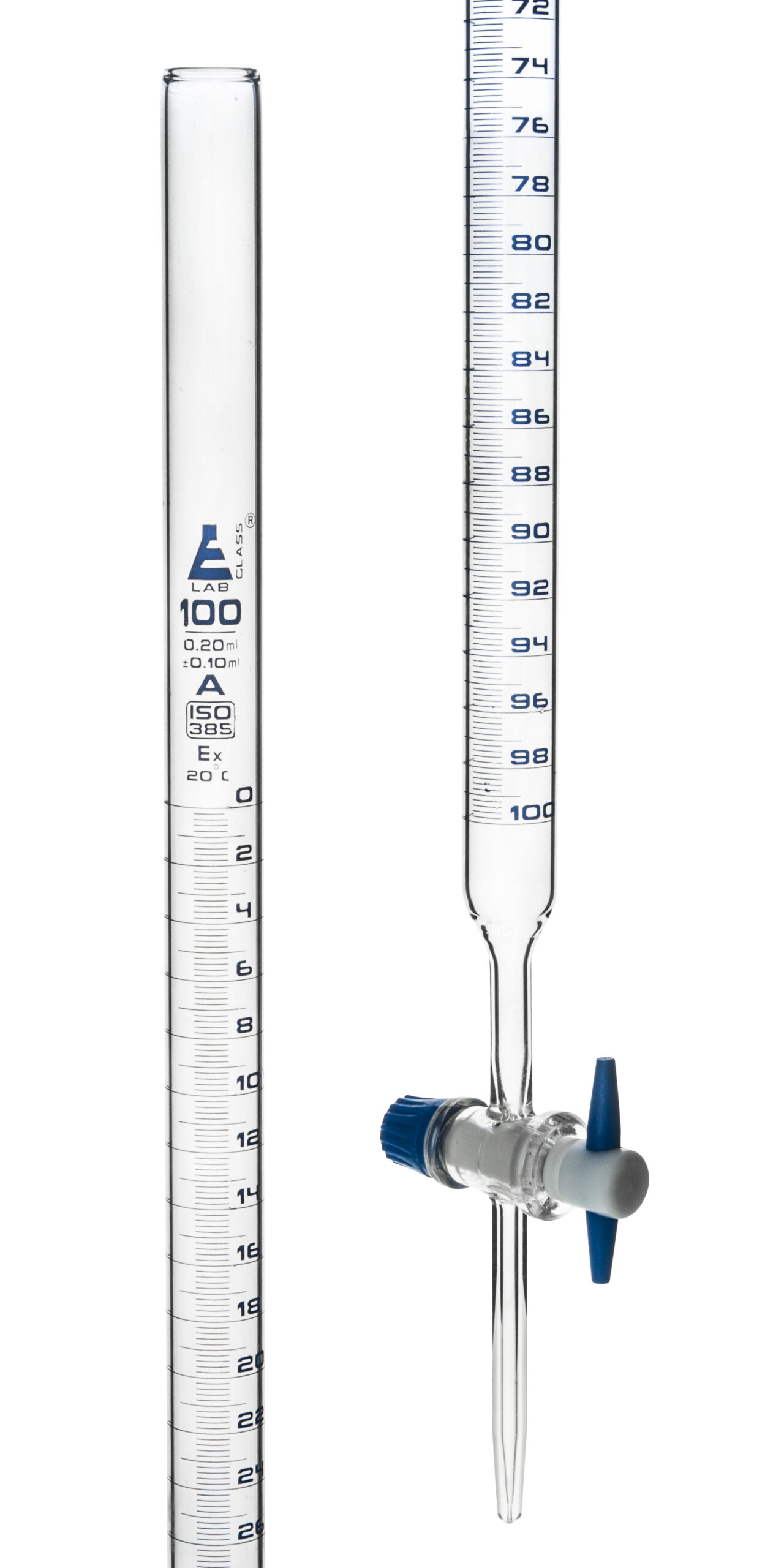 Burettes - PTFE Key stopcock, Class 'A', Capacity 100ml - 0.20ml Blue Grad- Tolerance ± 0.10ml