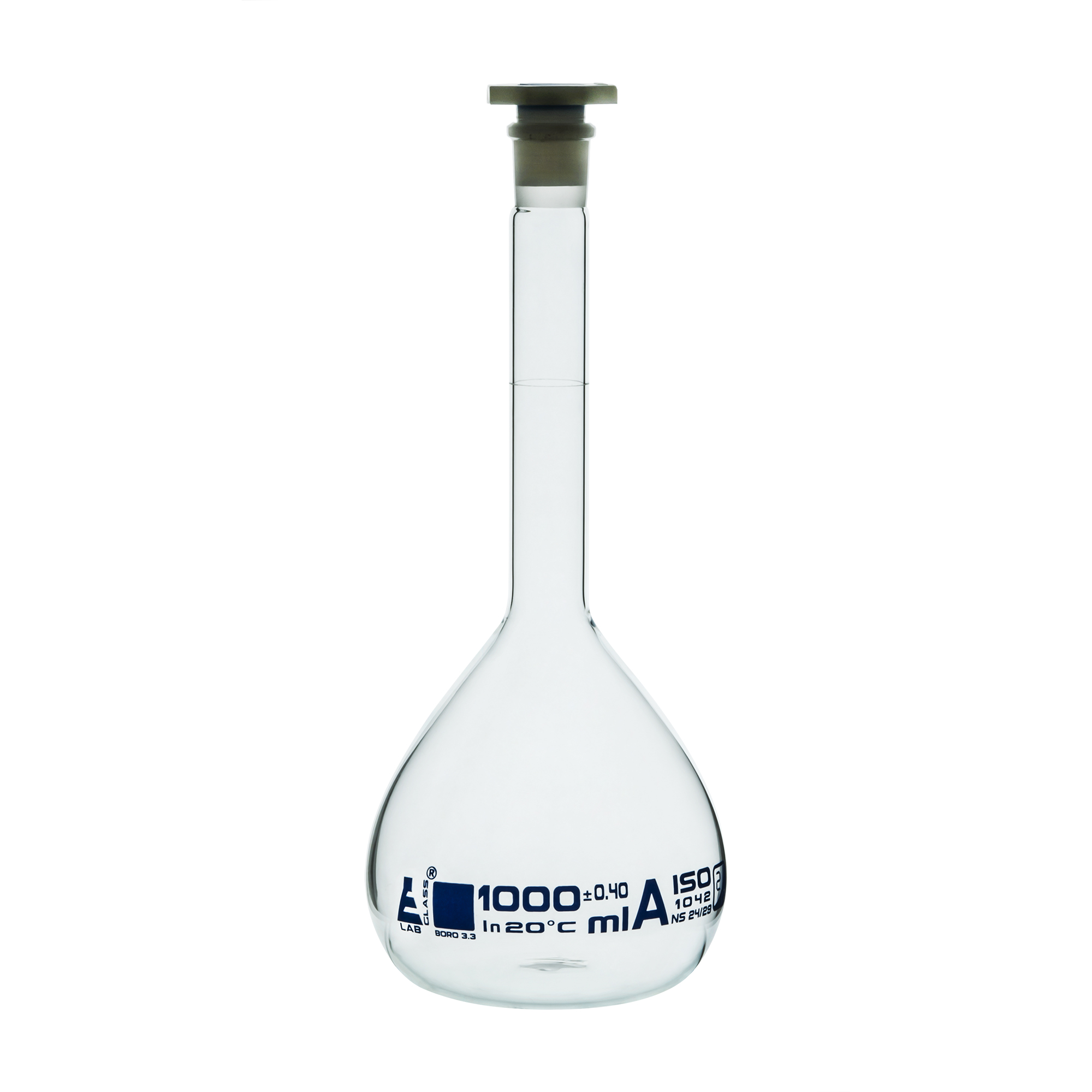 Volumetric Flask, 1000ml - Class A - 24/29 Polyethylene Stopper, Borosilicate Glass - Blue Graduation, Tolerance ±0.400