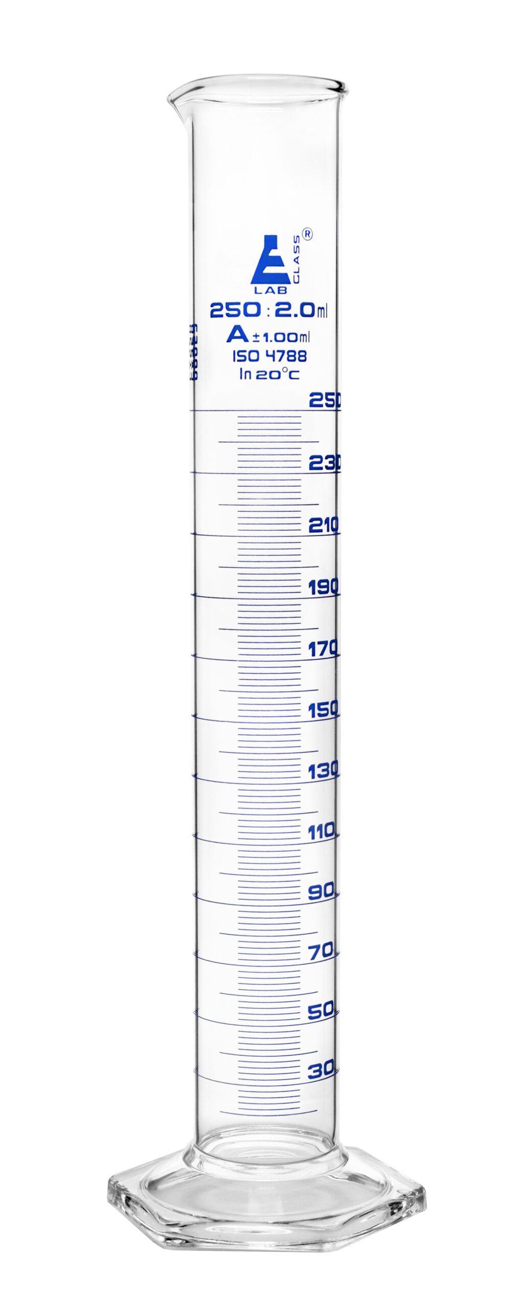 Graduated Cylinder, 250ml - Class A Tolerance ±1.00ml - Hexagonal Base - Blue Graduations - Borosilicate 3.3 Glass