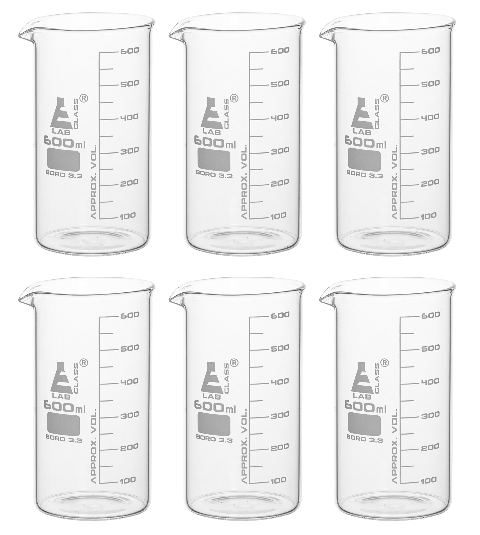 6PK Beakers, 600ml - Tall Form with Spout - White, 50ml Graduations - Borosilicate 3.3 Glass