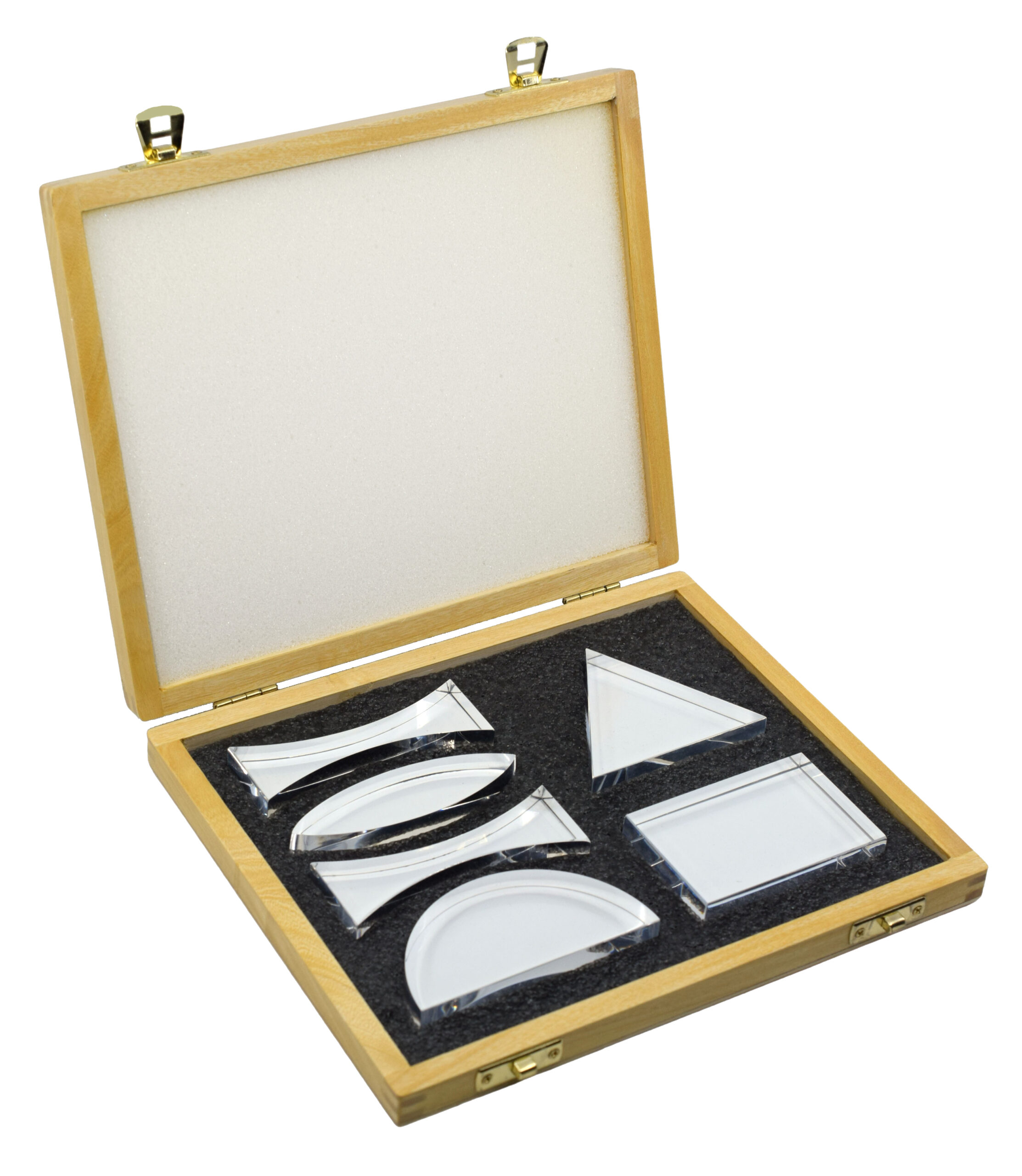 Prisms & Lenses Set, 6 Pieces - Transparent Acrylic - All Faces Fully Polished - Includes Wooden Storage Box